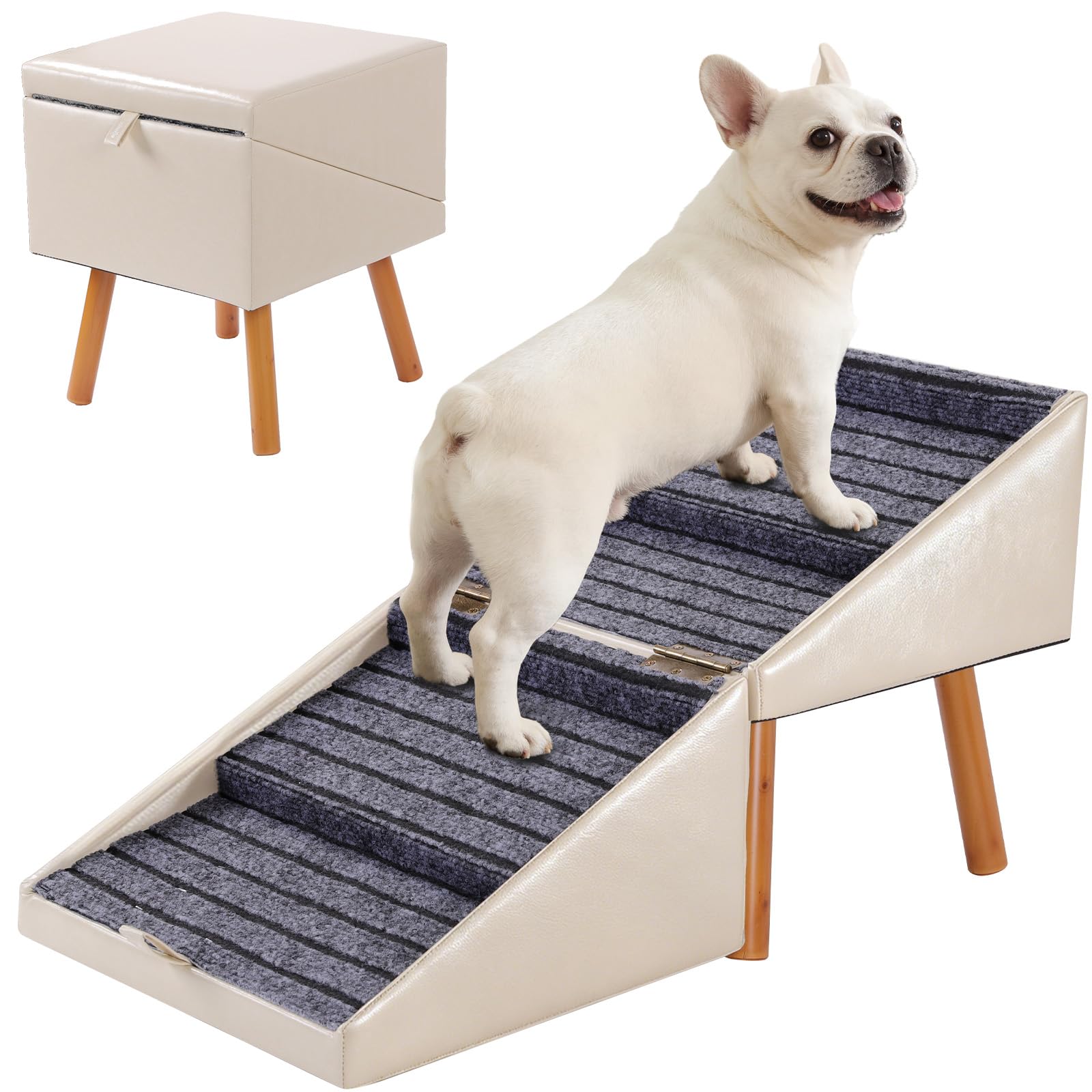 Hunde Treppe für kleine Hunde und Katzen für Couch und Bett, Klappbare 2-in-1 Haustier Schritte aus Holz und Leder für Welpen, Split Ottoman Design (Cremefarben-43,5 cm hoch)