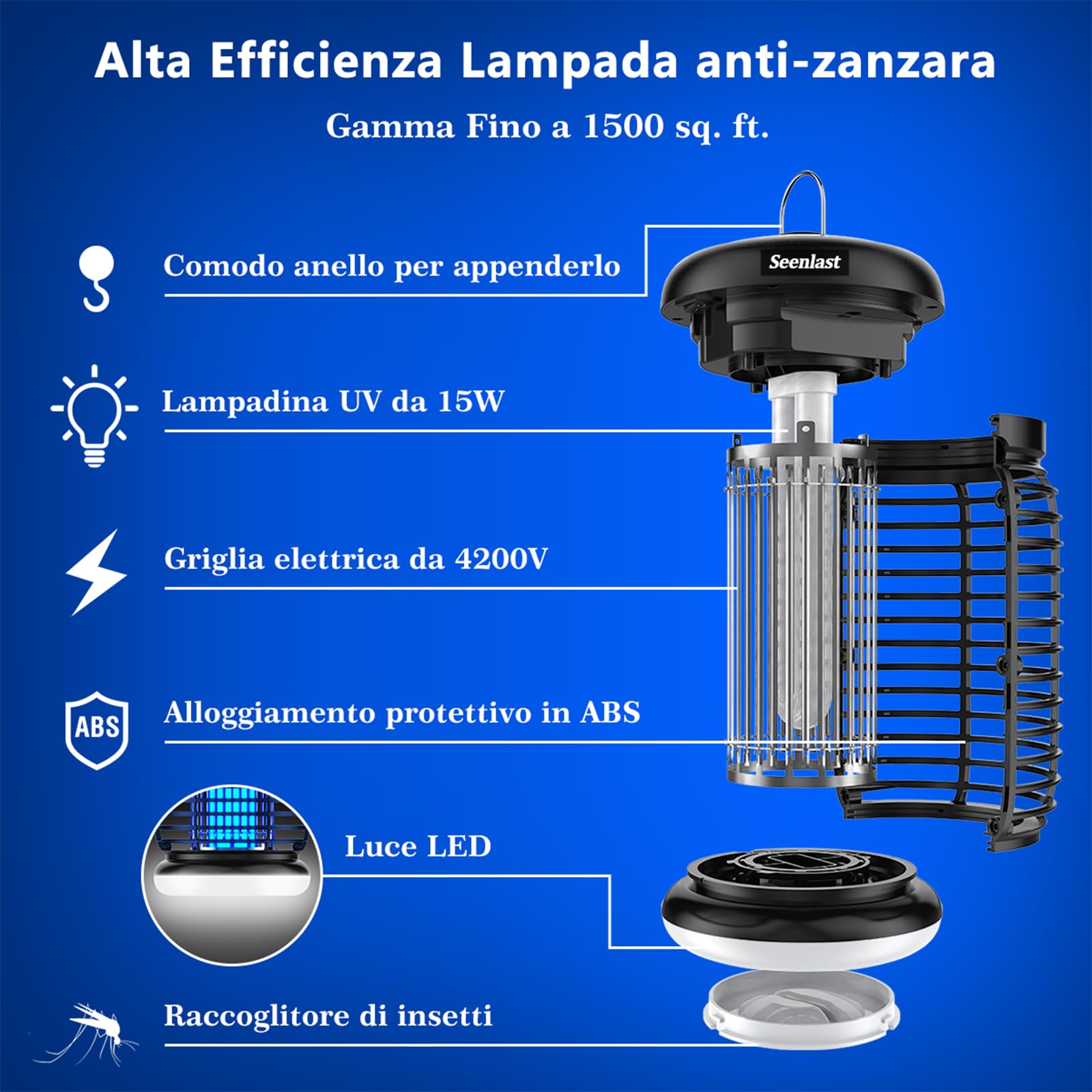 seenlast Lampada Antizanzare Elettrica, Lampada Zanzare 15W 4200V UV Zanzariera Elettrica Impermeabile IPX4, Uccidi Trappola Insetticida Zanzare per Giardino Interno Esterno (Con Gancio e Led Luce)