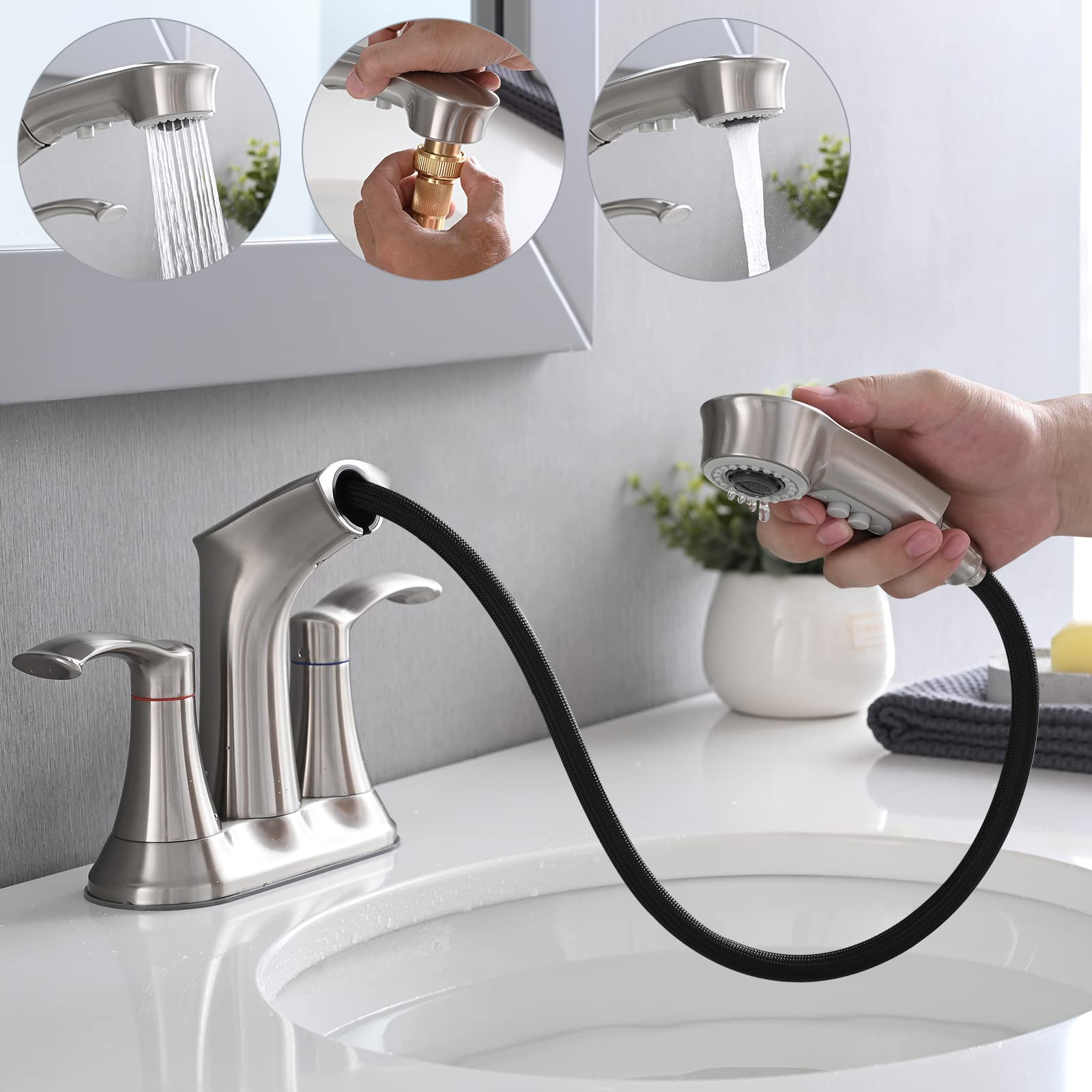 Besfelos Bathroom Faucet with Pull Out Sprayer, 4 Inch Faucet Utility Sink Faucet, 2 Handle Pull Out Faucet for Bathroom, Utility Sink or Laundry Tub, Brushed Nickel
