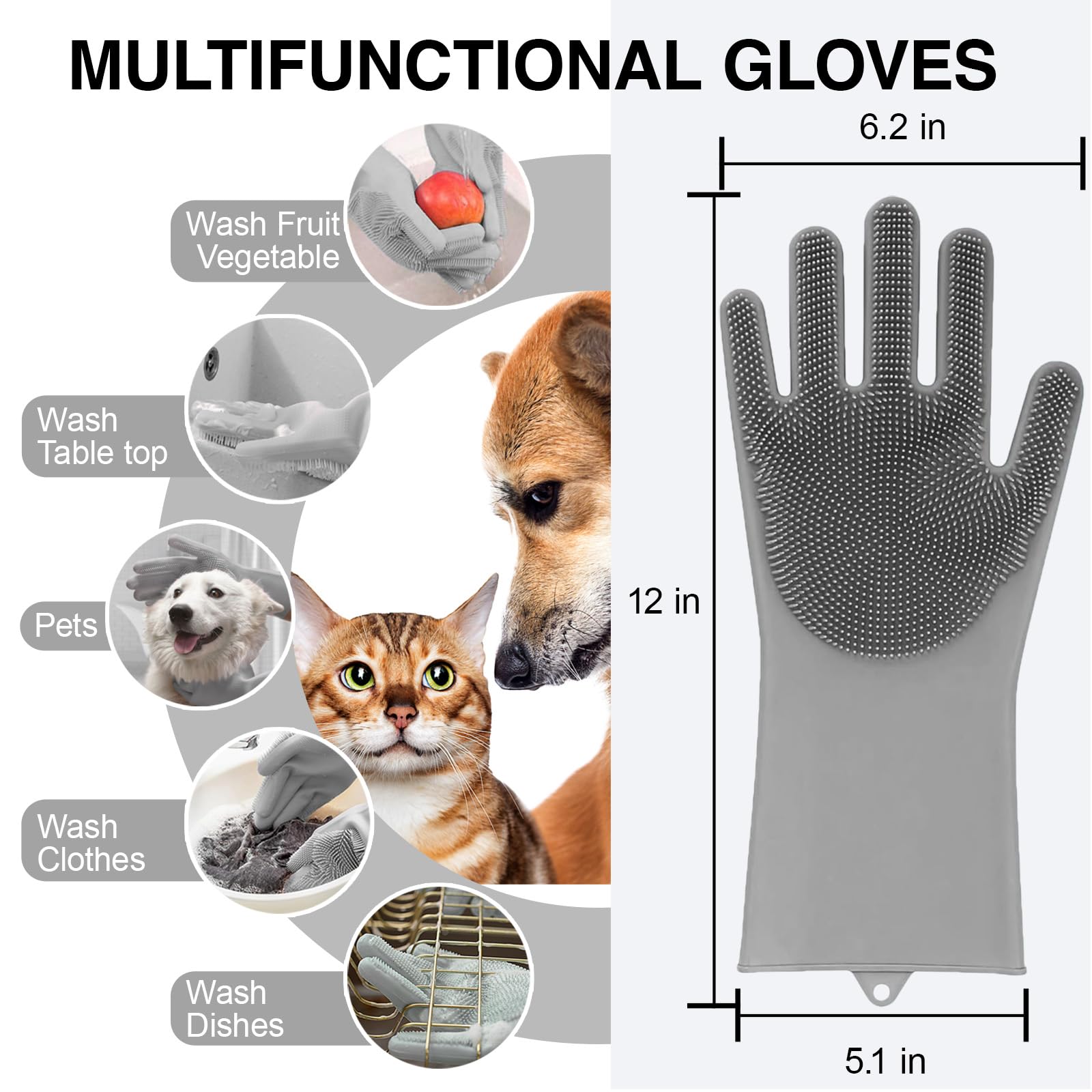 Dog Washing Gloves for Shedding & Bathing - 5-Finger Deshedding & Massage Gloves for Dogs & Cats, Reusable Heat-Resistant Silicone Brush Gloves, Gentle Hair Removal & Bathing Aid (Pair) (Grey) - image 6