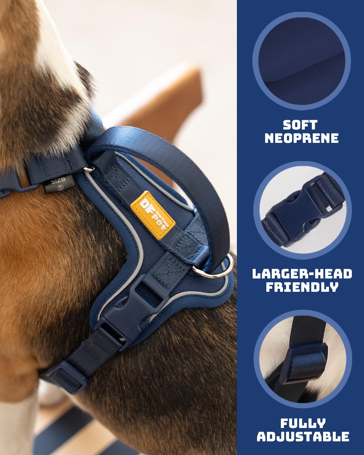 DF Freedom - Juego de arnés y correa Martingale para perro, control de seguridad para evitar tirones, reflectante y ajustable en 5 puntos, mango acolchado para un fácil apoyo, azul marino Pro, 1