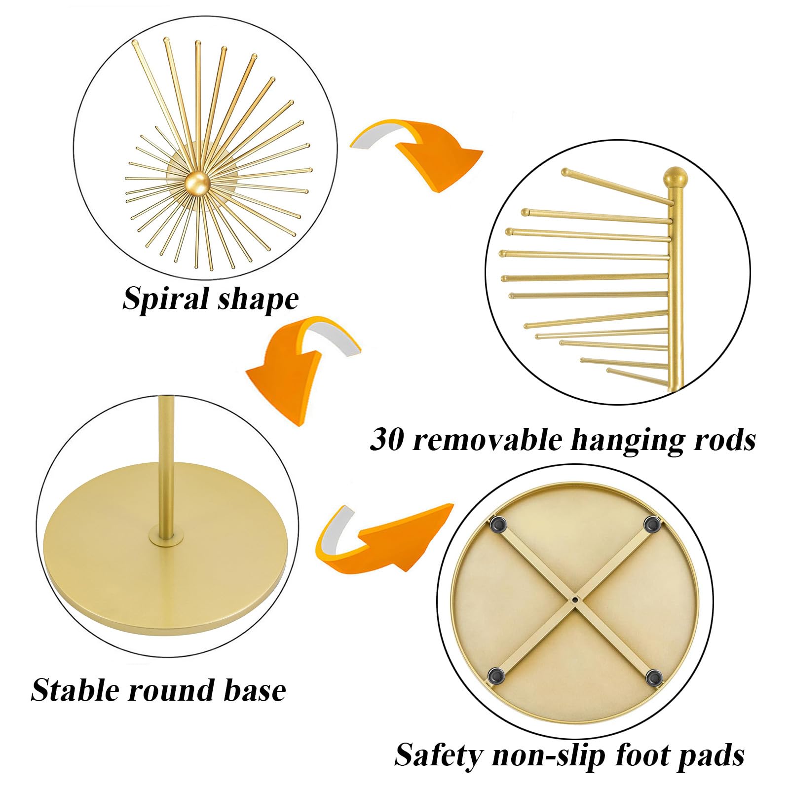 Spirale Porte-écharpes Métal, Présentoir de Ceintures et Cravates Commerciale, 30 tiges Organisateur de Foulards Pour Boutiques et Particuliers Gain de place, Charge 25 kg (Or)