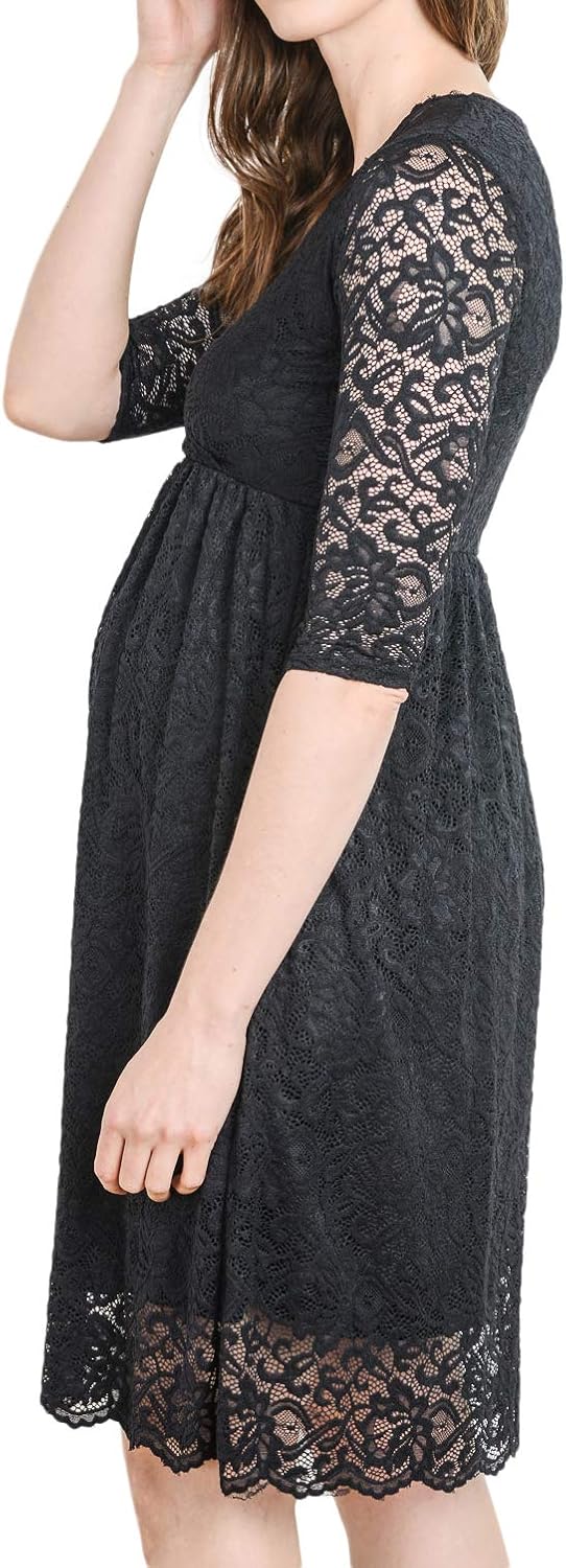 HELLO MIZ Women's Maternity Floral Lace Nursing Friendly Faux Wrap Dress (Large, Black)
