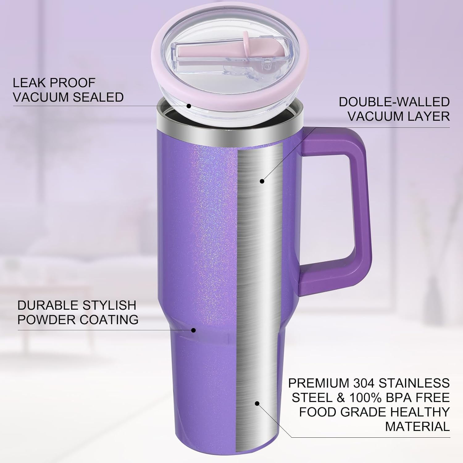 40 oz Tumbler with Handle and Flip Straw Lid, Vacuum Insulated Leak Proof Double Walled Stainless Steel Glitter Travel Mug Tumblers, Maintains Cold Ice and Heat for Hours(Purple) - Image 7