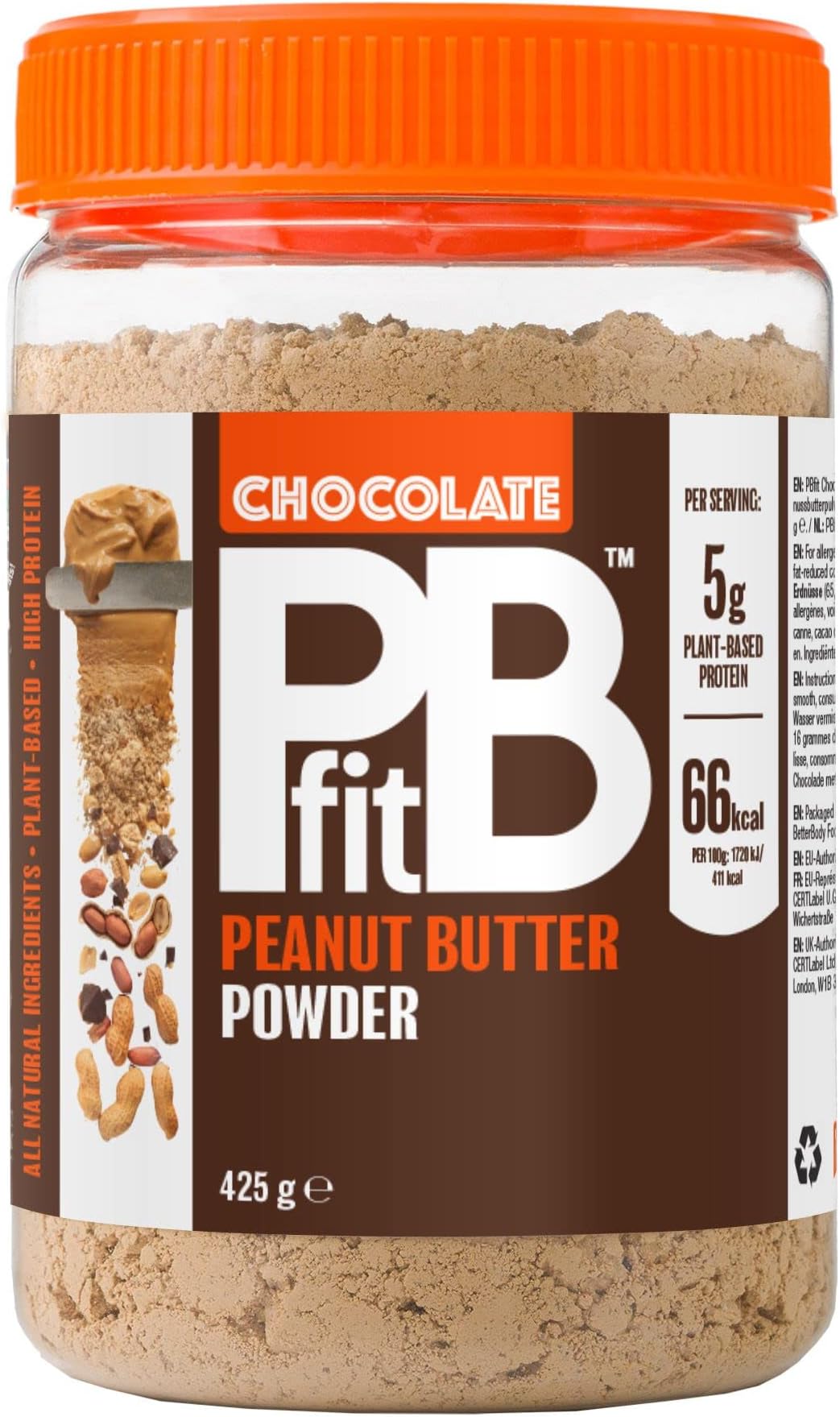 PBfit Chocolate Peanut Butter Powder - 88% Less Fat, 5g of Protein, Gluten Free Natural Nut Butter Spread - Powdered Peanut Butter Spread from Real Roasted Pressed Peanuts and Cocoa - 425g