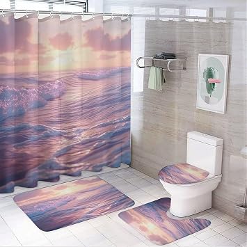 4Pcs Novelty Sea Wave Shower Curtain Sets, Bath Mat and Rugs, Sunset Cloud Beach Scenery Shower Curtain with Hooks for Bathroom