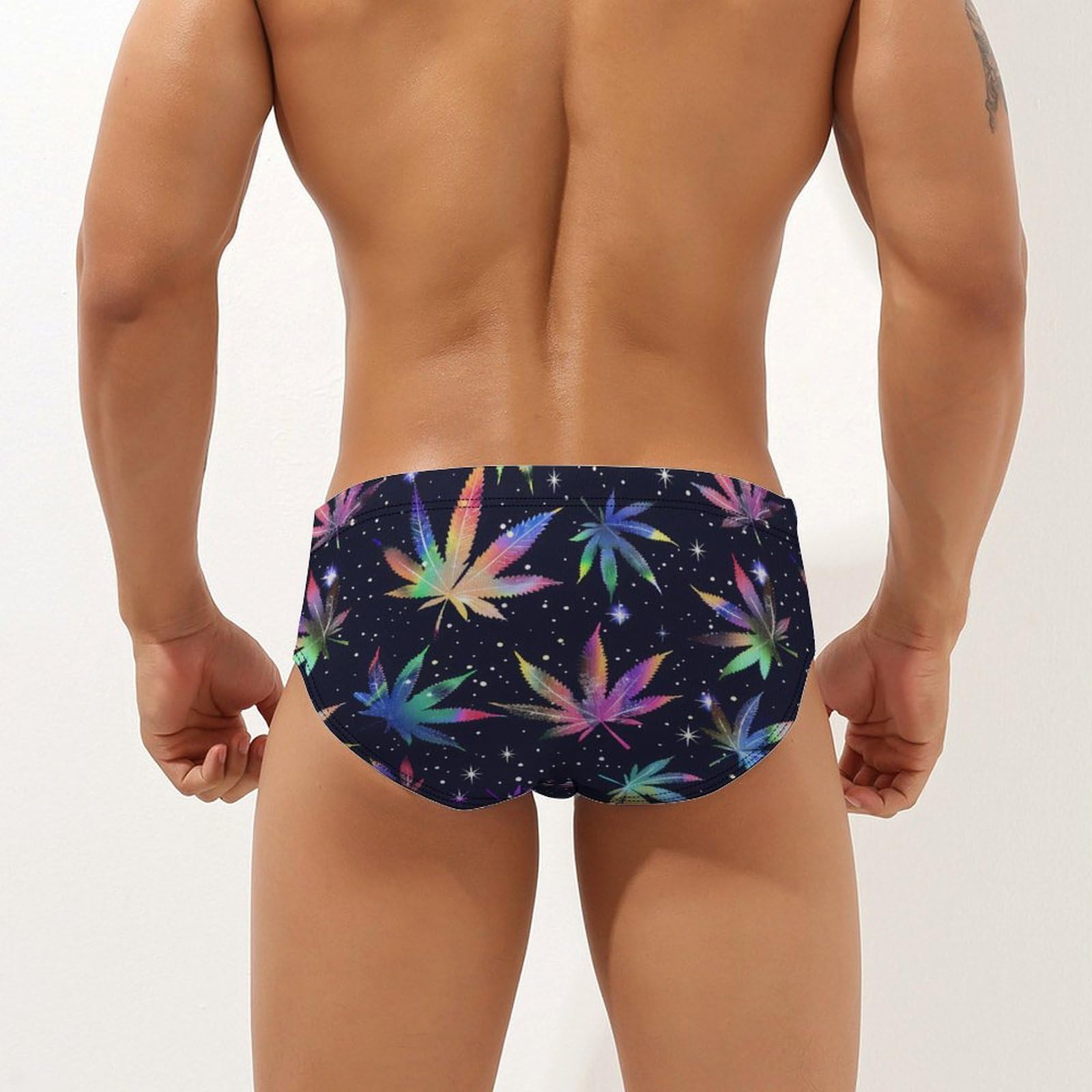 Galaxy Weed Leaves Mens Swim Briefs Bikini Swimwear Print Beach Shorts Sexy Swimsuit M