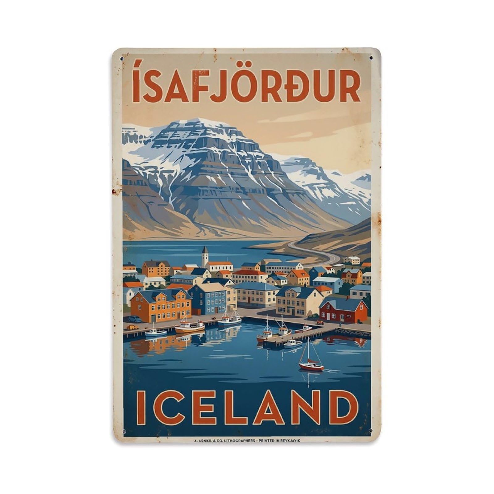 Vintage Travel Isafjordur Iceland Town Metal Tin Sign