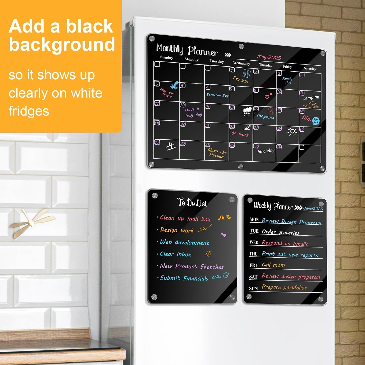 Acrylic Magnetic Dry Erase Board for Fridge, Set of 3 Transparent Monthly & Weekly Planning Boards, Includes 6 Dry Erase Markers, 1 Eraser and Magnetic Pen Holder