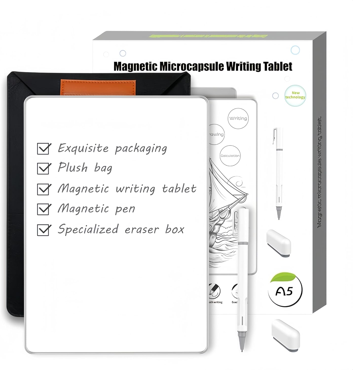 Magnetic Whiteboard Portable A5 Size, Microparticle Magnetic Elimination Board, Paper-Like Look, Reusable Writing Board, No Consumables Required Whiteboard