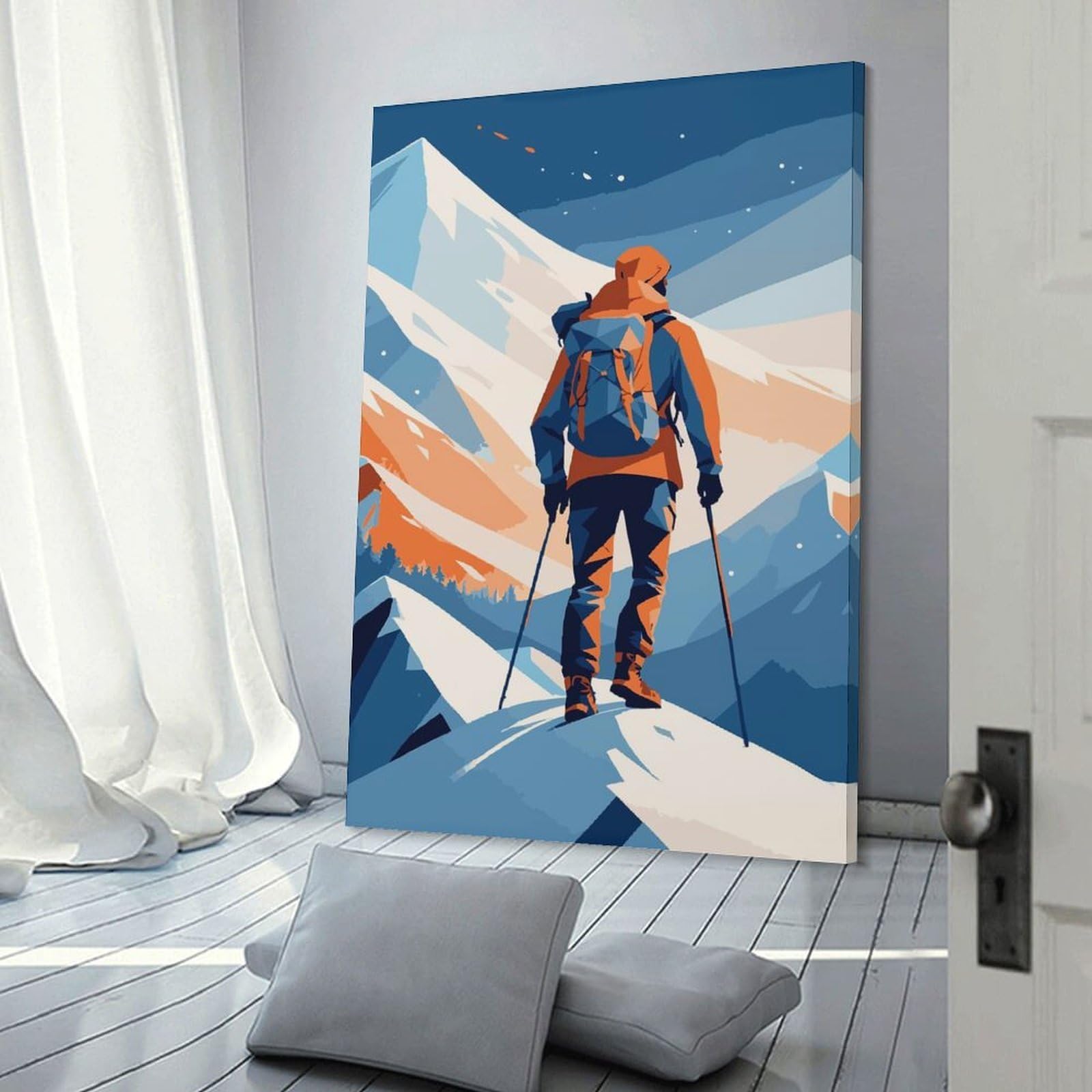 Junmoney Frame-Style-19 Mountain Climber Vector Illustration Wall Picture Print 24X36inch(60X90cm), For Entrance Spaces, Stair Walls Or Halls, Decorative Canvas Styling For Entry Areas