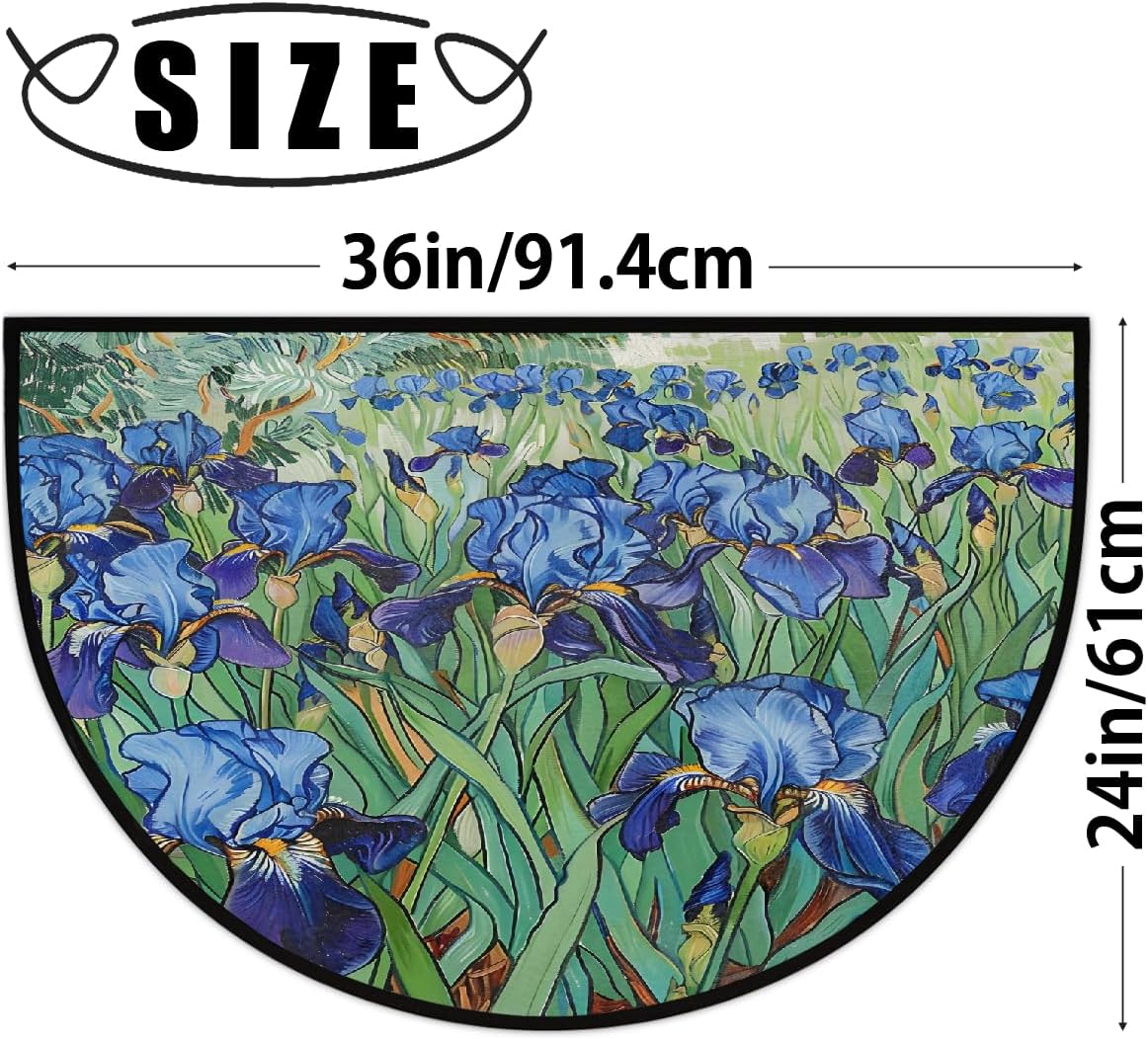 Half Round Door Mat Flower Blue Green Half Moon Rug Washable Half Circle Area Rugs Indoor Entrance Non Slip Semi Circle Bathroom Rugs Floor Carpet for Kithen Bedroom Fireplace Decor