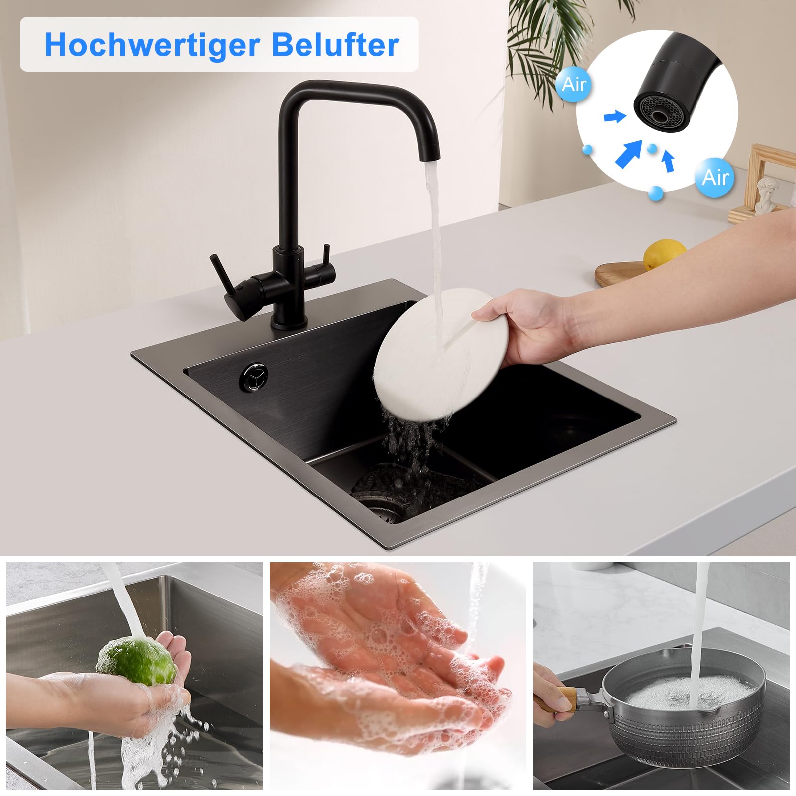 Grifo de tres vías negro, 3 vías, giratorio 360°, grifo de 3 vías para sistema de ósmosis, grifo de agua potable con 2 palancas, latón para sistemas de filtro, negro retro