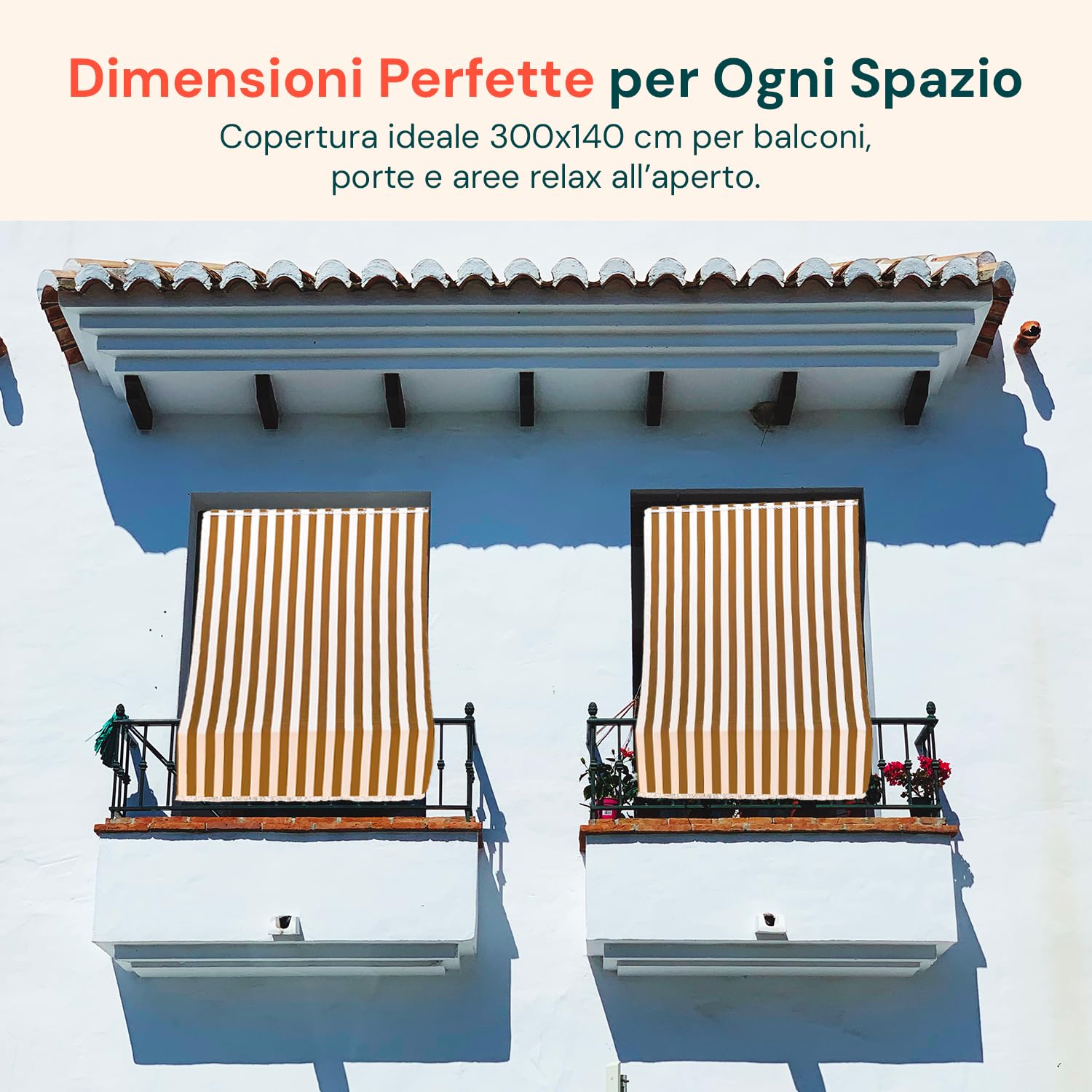 Wintem Tenda da Sole per Esterno Righe Marroni con Anelli h 300x140 cm -Tende da Sole per Esterni Rimovibili in Poliestere - Tendone Balcone Esterno Parasole per Giardino e Gazebo