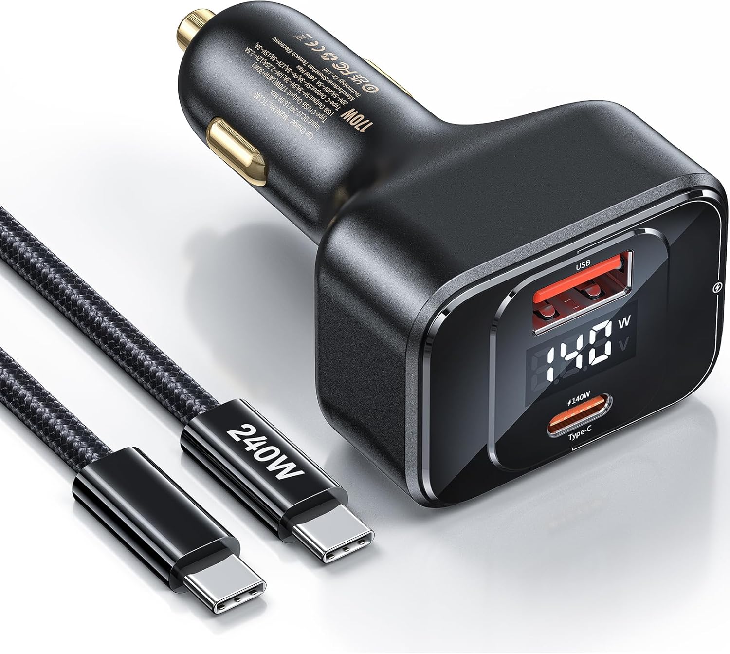 USB C Car Charger Fast Charging 170W, PD3.1 Single Type-C Port Max Output Power 140W Car Charger with Real-Time Display for MacBook, Laptop, iPhone 17/16/15, Samsung S25, Drone and More Black