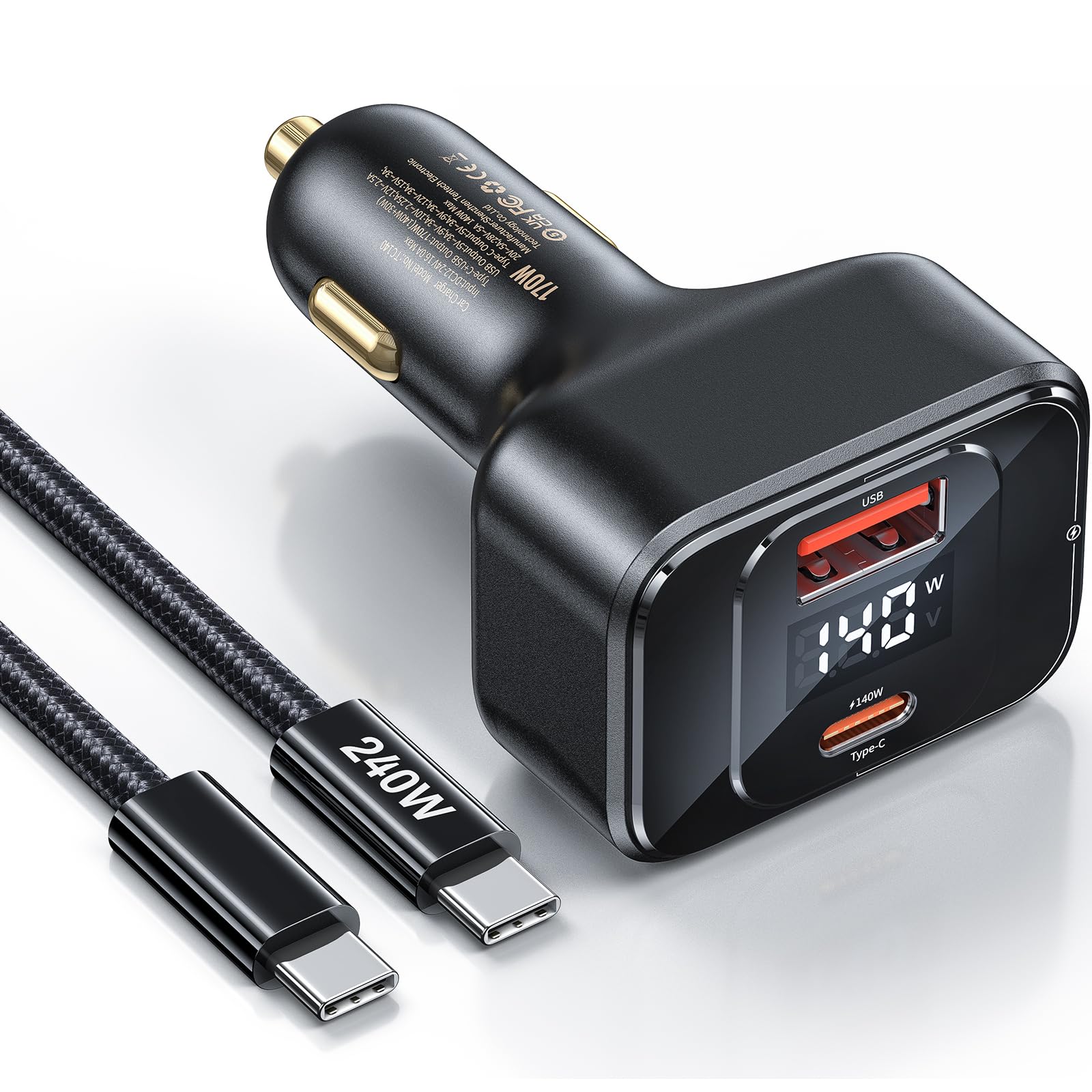 PD3.1 140 W pojedynczy port maksymalna moc wyjściowa USB-C ładowarka samochodowa 170 W maks. 2-portowa szybka ładowarka samochodowa typu C z wyświetlaczem w czasie rzeczywistym do MacBooka