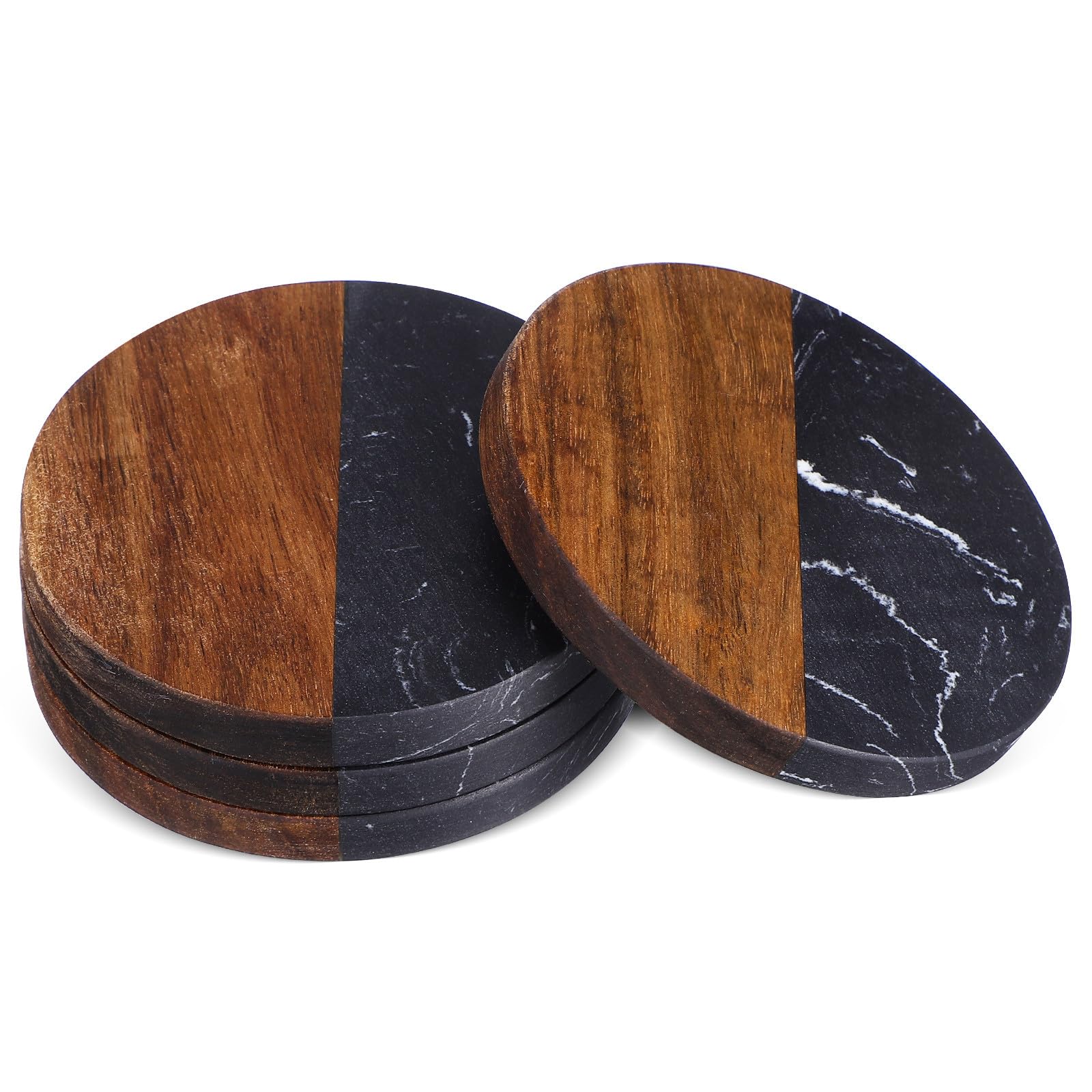 FRCOLOR Set di 4 Sottobicchieri Rotondi in Resina e Legno Stile Giapponese, Resistenti al Calore e Antiscivolo, per Casa, Ufficio e Feste