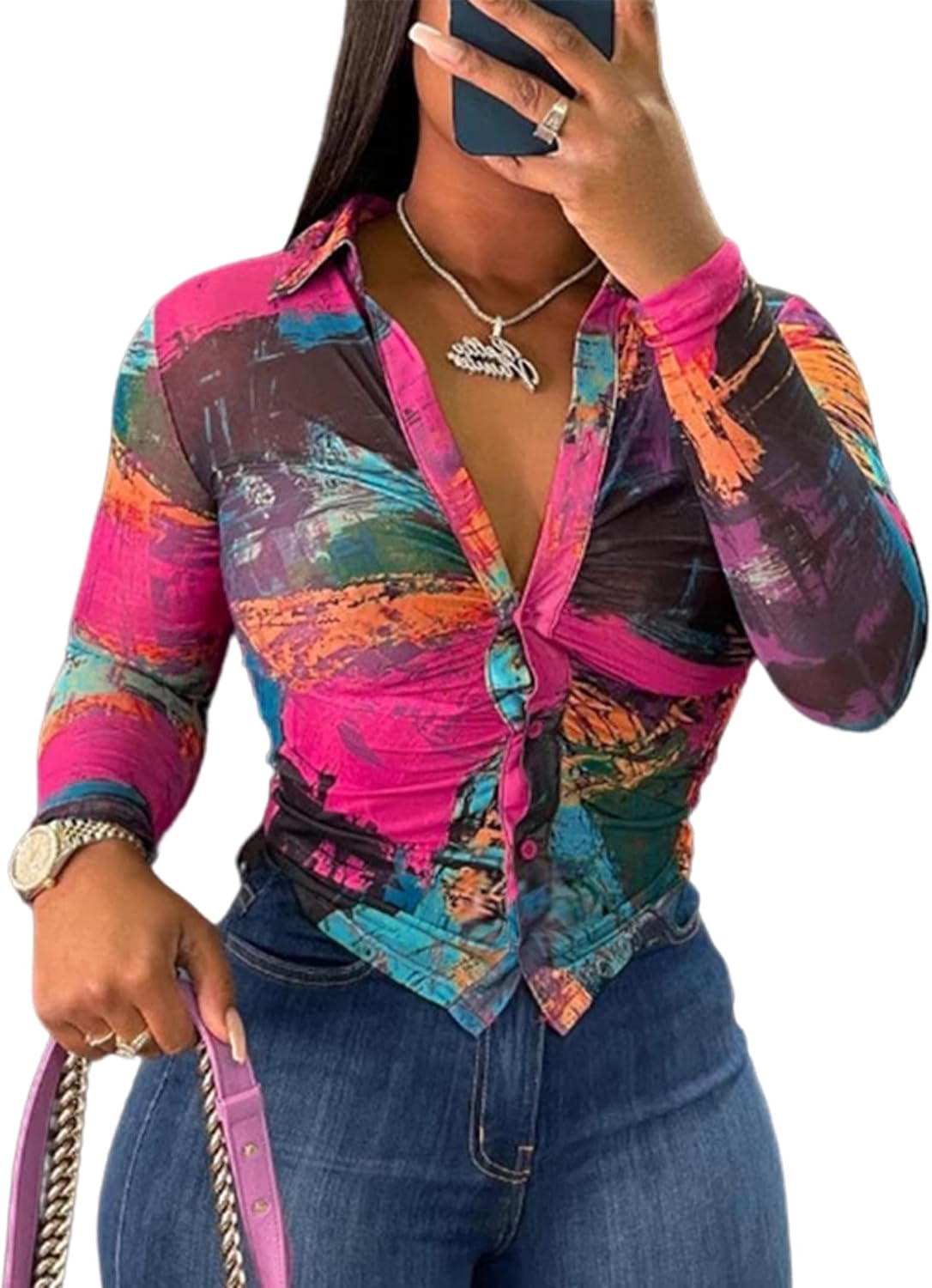 LovelyWholesale Women Sexy Button Down Shirts Long Sleeve Collared Tie Dye Tops