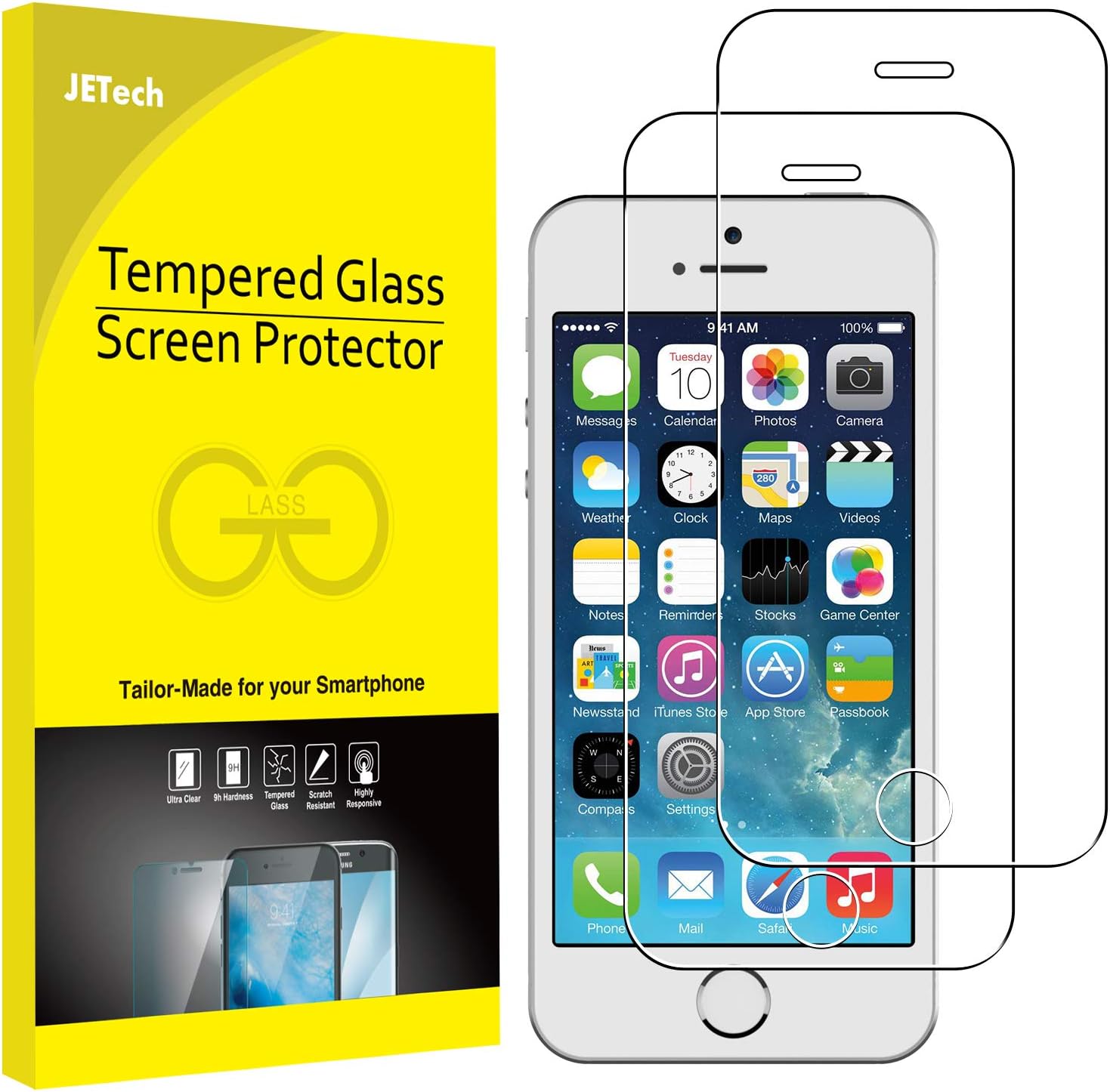 JETech 2 Pack Tempered Glass Screen Protector for iPhone SE 2016 (Not Fit 2022/2020) / iPhone 5s/5/5c/SE 1st Generation