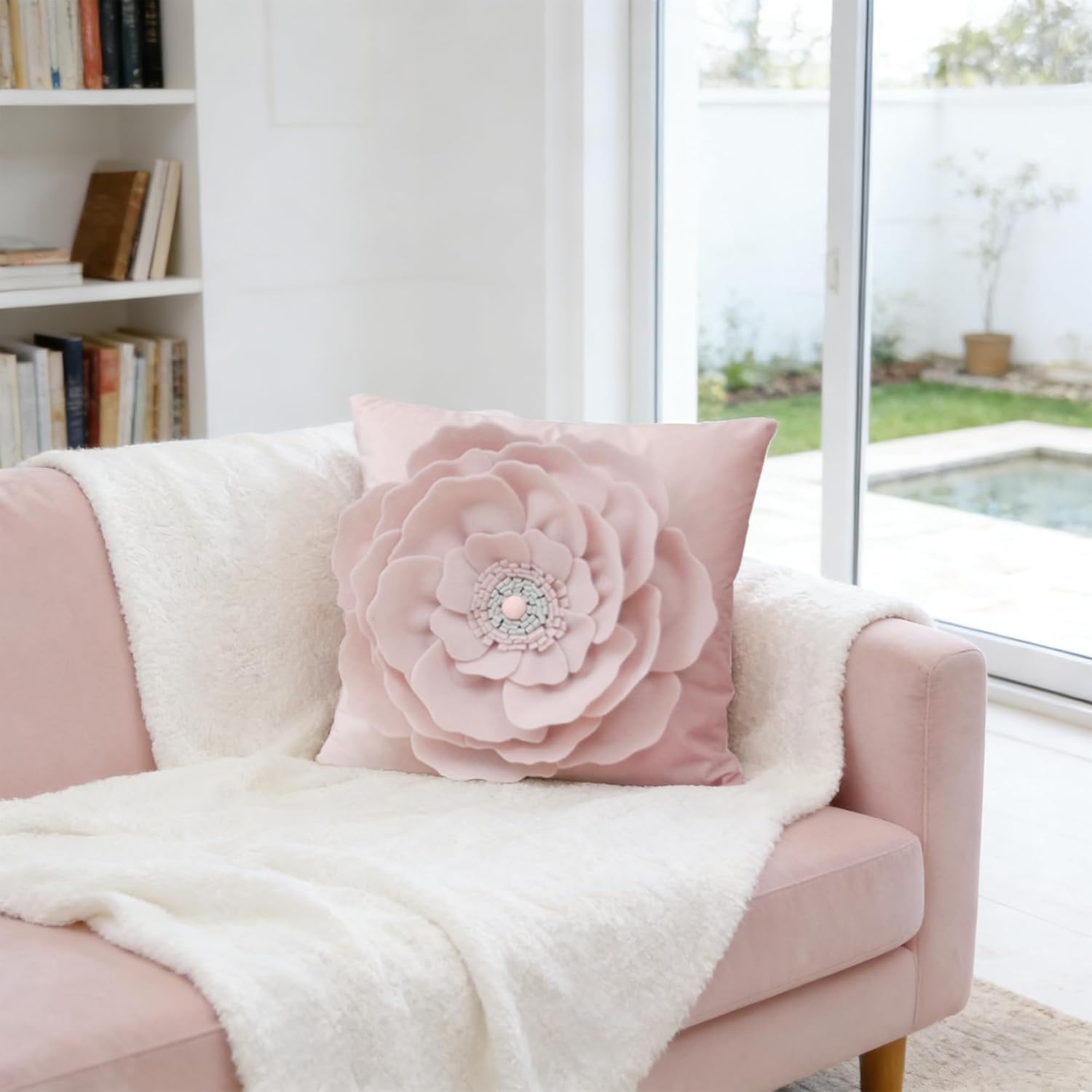 3D Flower Decorative Throw Pillow Covers Handmade Floral Accent Pillowcase Elegant Velvet Cushion Cover for Bed Couch Sofa Chair Living Room Bedroom Modern Farmhouse Home Decor 18x18Inch Pink - Image 2