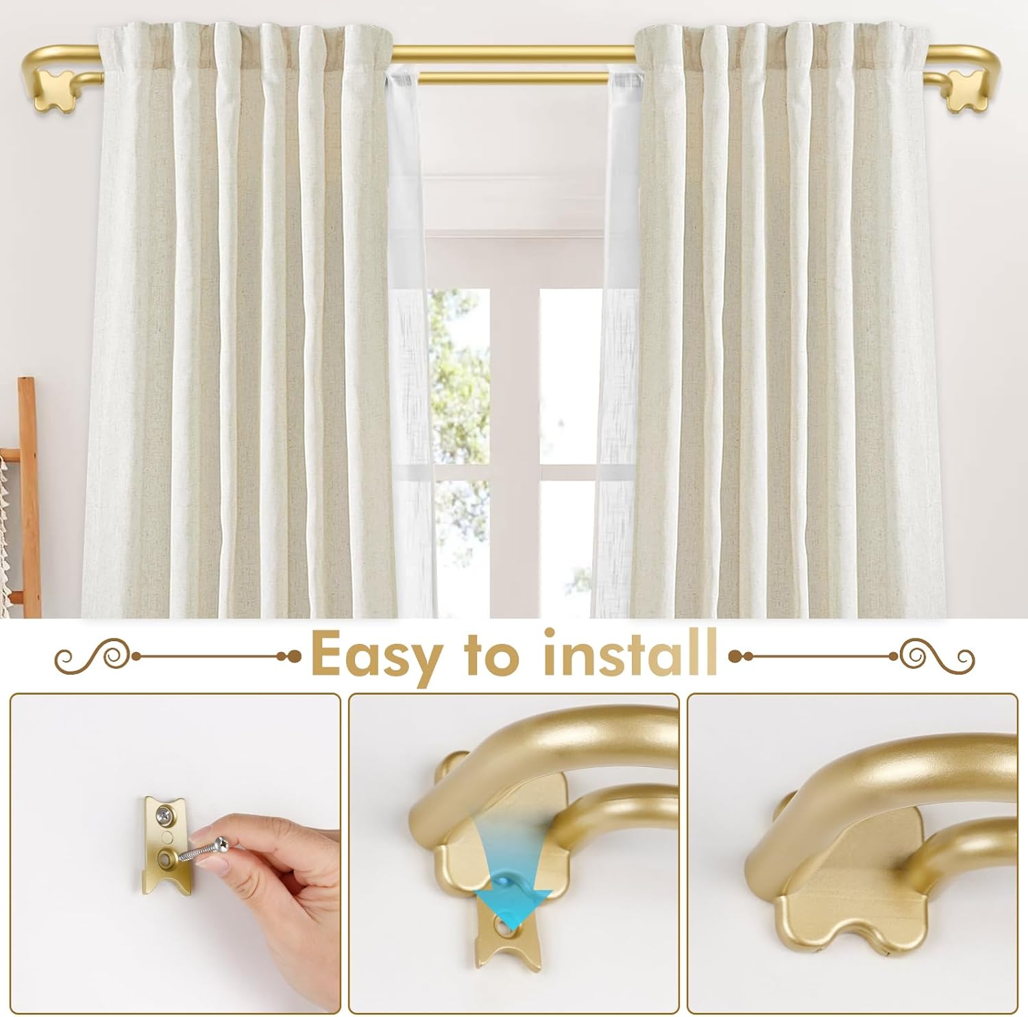 Gold Wrap Around Double Curtain Rods 32 to 115 and 2 Pack Gold Curtain Holdbacks with Square Finials(Bundles)