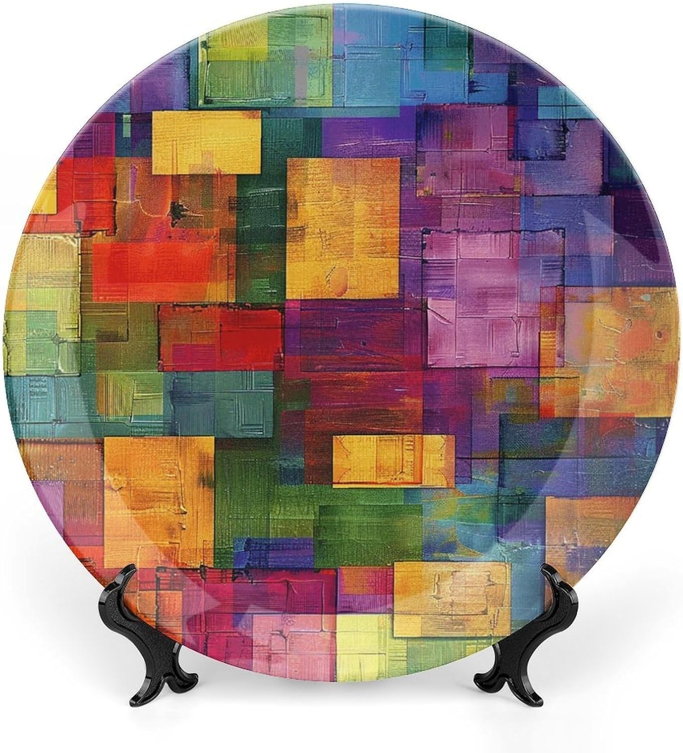 Colorful Blocky Squares Ceramic Decorative Plate for Office Decor, Chinese Style Decorative Dish with Stand, Dinner Dish Decorative Plates for Wall Hanging Bone Collections Plates 10inch