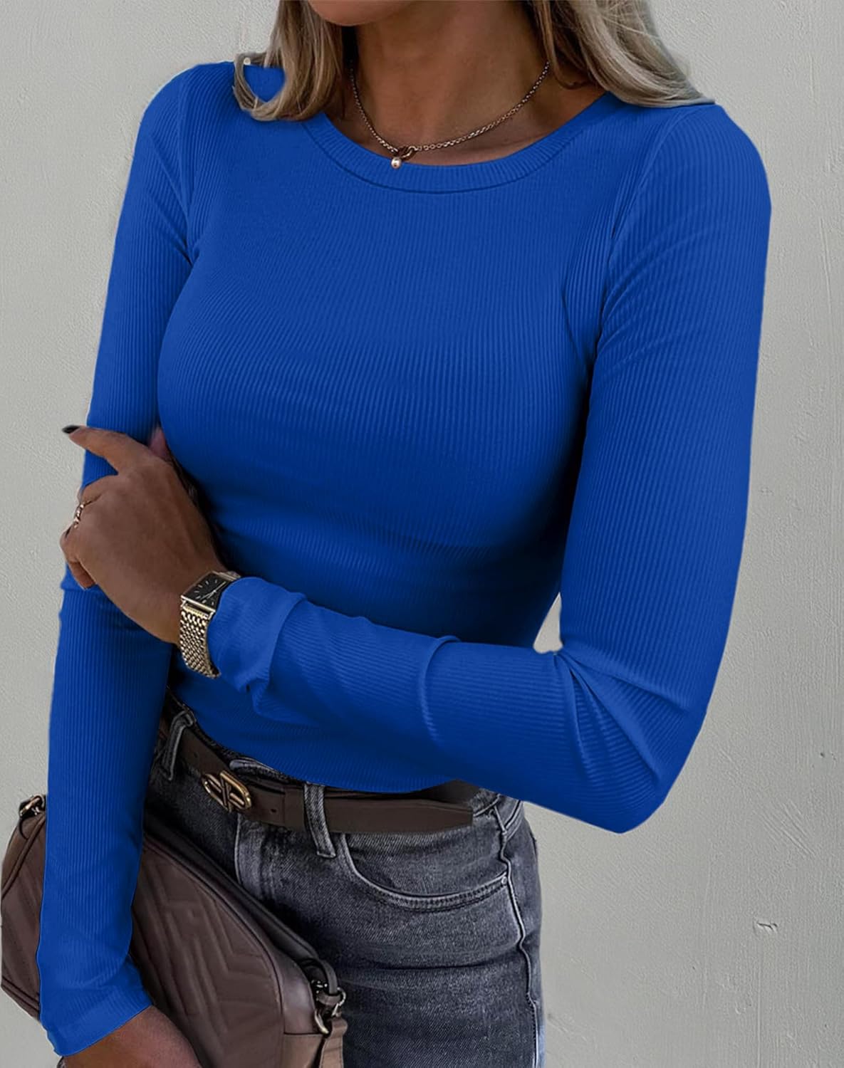 Roselux Womens Long Sleeve Stretch Crewneck Ribbed T-Shirt Fitted Casual Basic Tops - Image 7