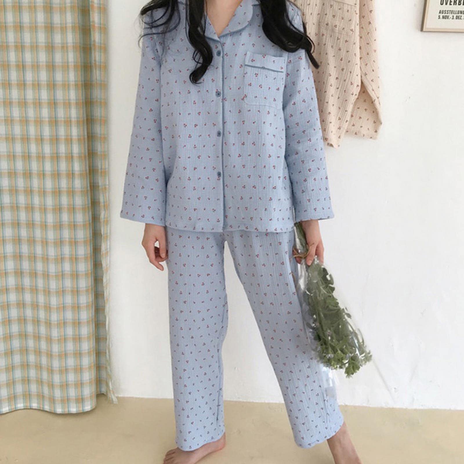 Pigiama Donna Set di Abbigliamento da Sonno in Lino di Cotone Dolce Simpatica Carina Ciliegia Pigiama Vintage Kawaii Tascabile Tascabile Camicia da Casa+Bottone Pantaloni