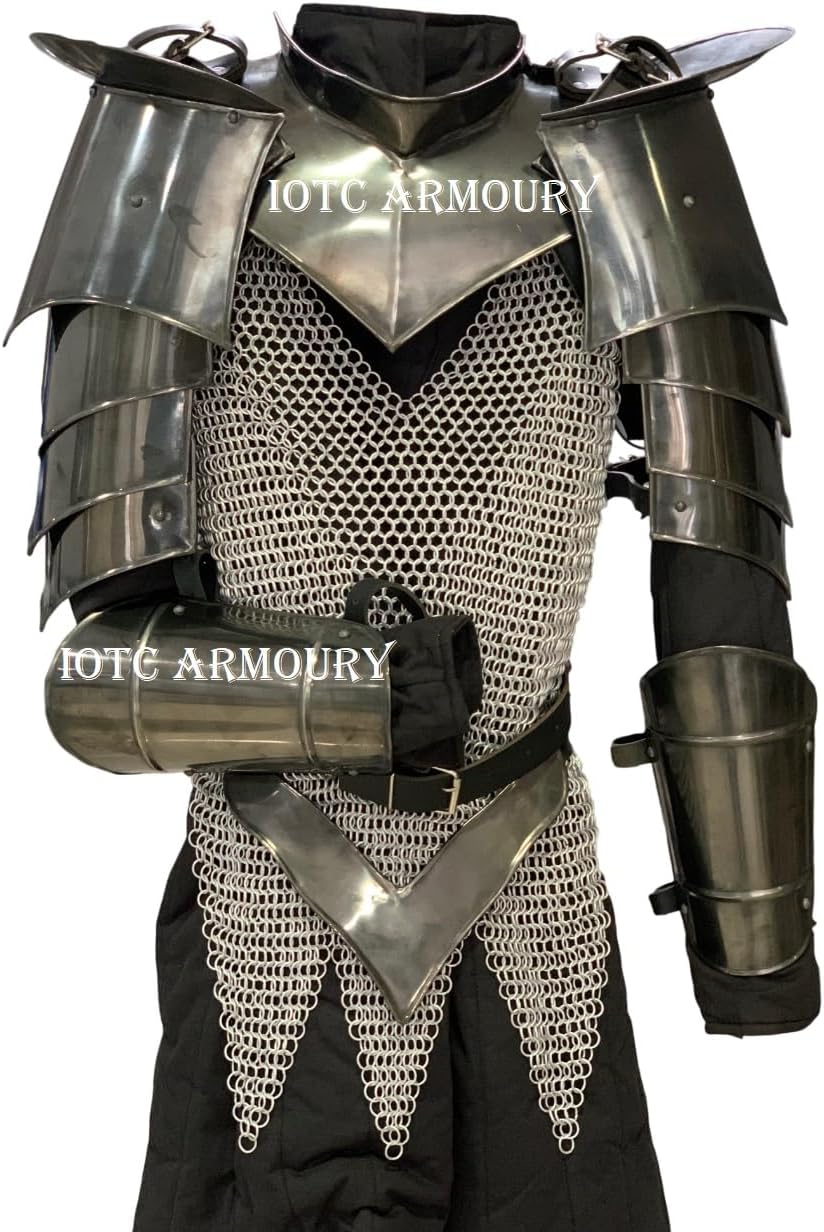 Medieval Knight Lady Armor Costume Neck Gorget With Pauldrons, Arm Bracers & Chainamail Perfect For Renaissance, LARP, Cosplay Replica, Fantasy & Halloween Party Armor Costume