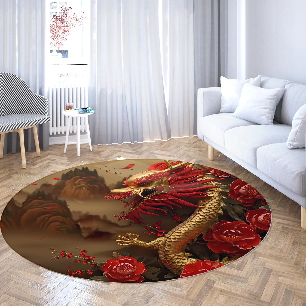 Tapis de cuisine et salon lavable style vintage dragon rose 160cm