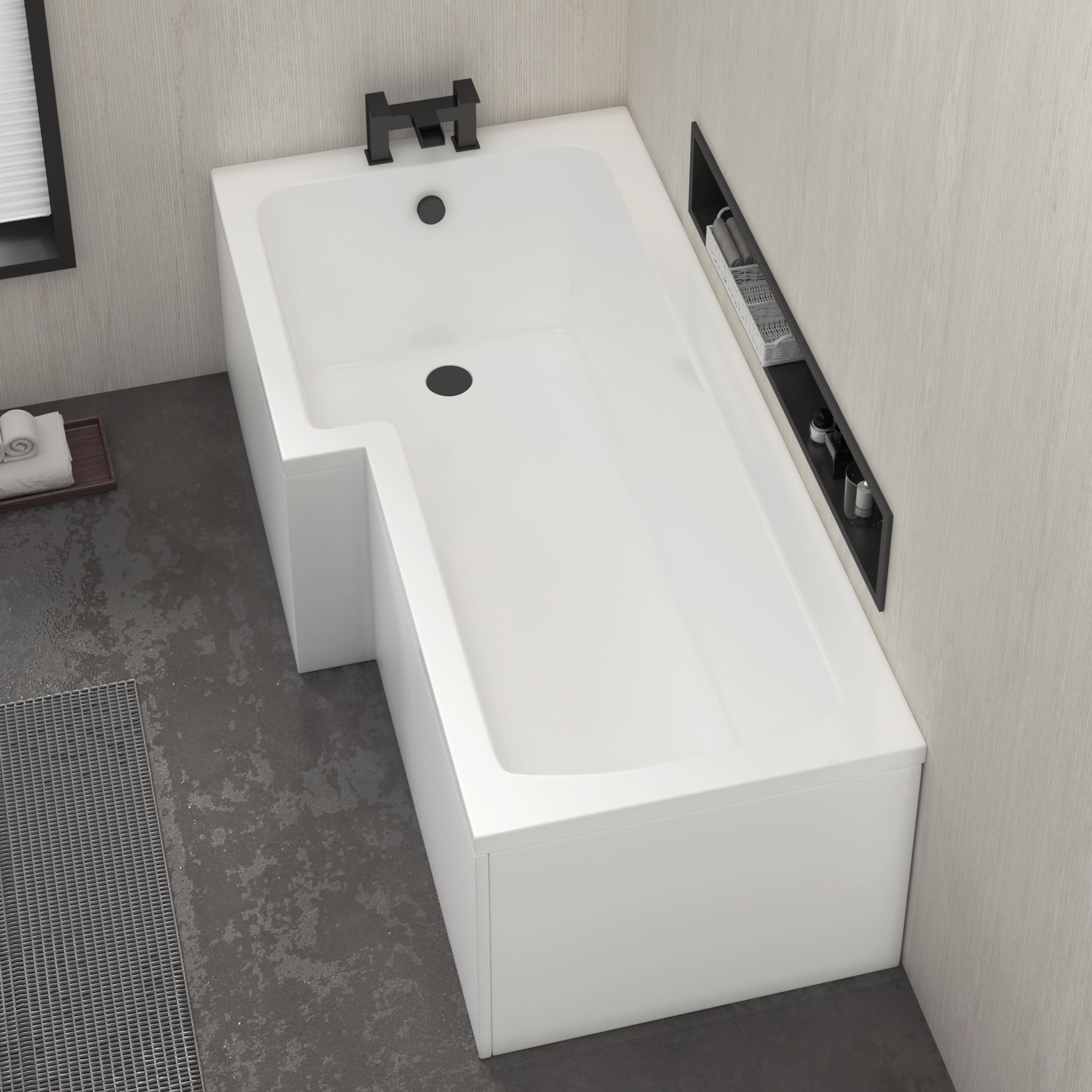 Qubix 1700 x 850mm Left Hand L-Shaped Shower Bath Bathtub with Glass Shower Screen Compact Bathroom Solution