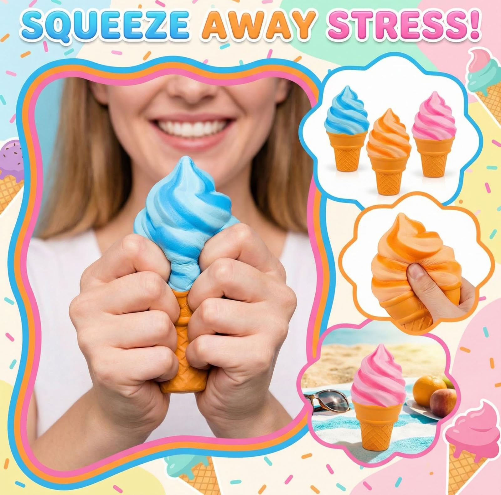 Ice Cream Squeeze Squishy, Ultra Soft Slow Rise Sensory Fidget Toy, Ice Cream Cone Squishy, Classroom Prize Party Favors (2#Sky Blue) — view 5