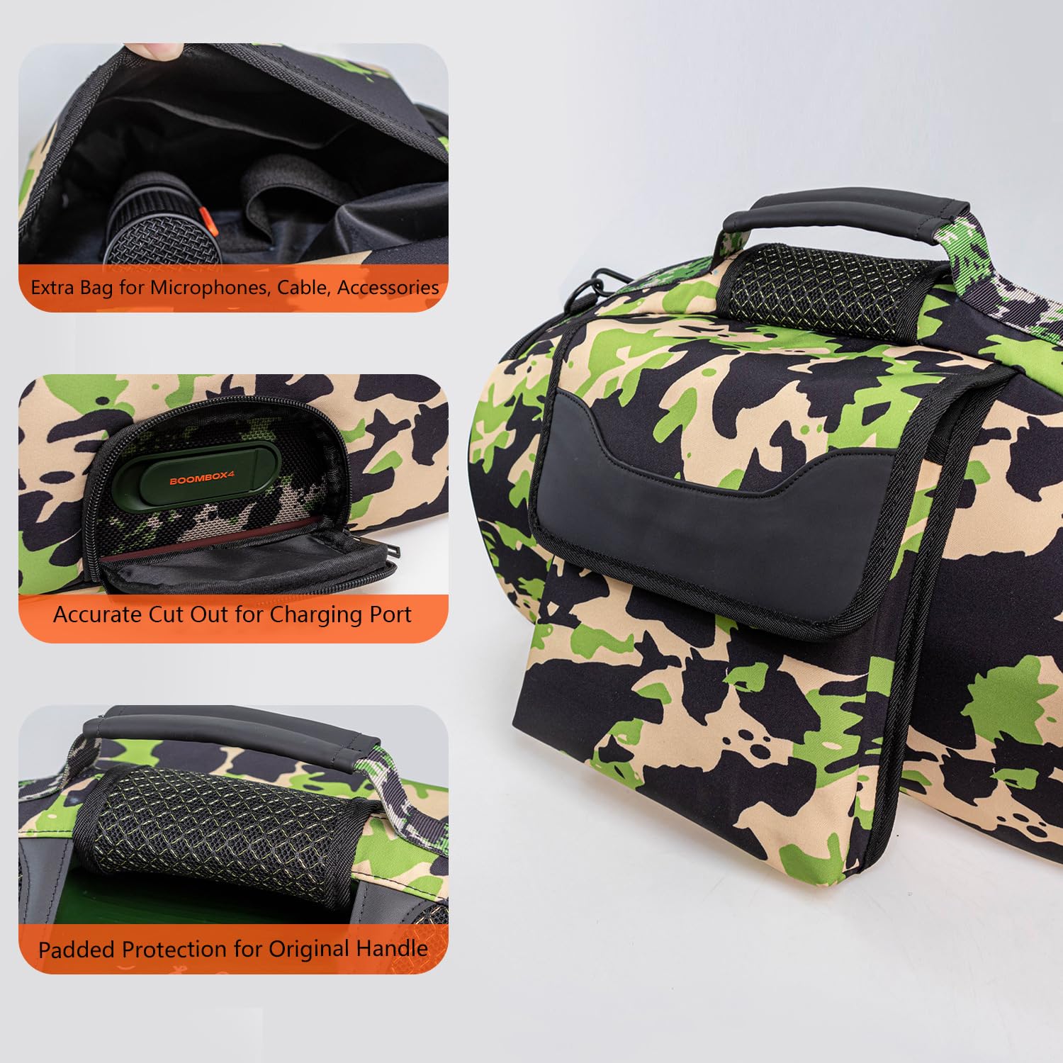 Estuche de Transporte Funda de Viaje Cubierta Portátil Accesorios con Correa para JBL Boombox 4 Altavoz Bluetooth portátil,Bolsa Adicional para Micrófonos,Cargador,Camuflaje