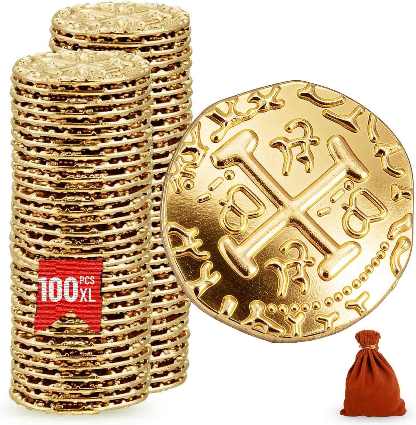 100 Metal Pirate Coins Gold, Gold Treasure Coin Set, Metal Replica Spanish Doubloons for Board Games Tokens, Kids Cosplay Pirate Party Treasure Chest Coin (1.18'')