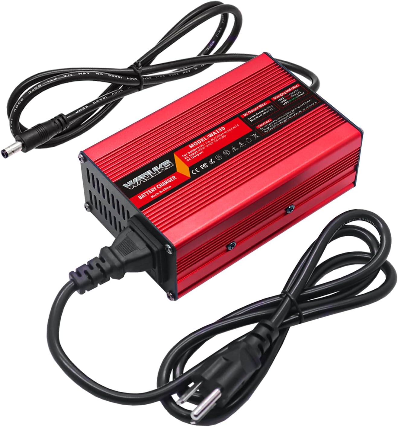 54.6V 3A Li-ion Battery Charger Red Aluminum Case with Cooling Fan for 13S 48V 10Ah 15Ah 20Ah 30Ah 40Ah Lithium Li-ion Battery Pack with 5 Plugs Plug Connector