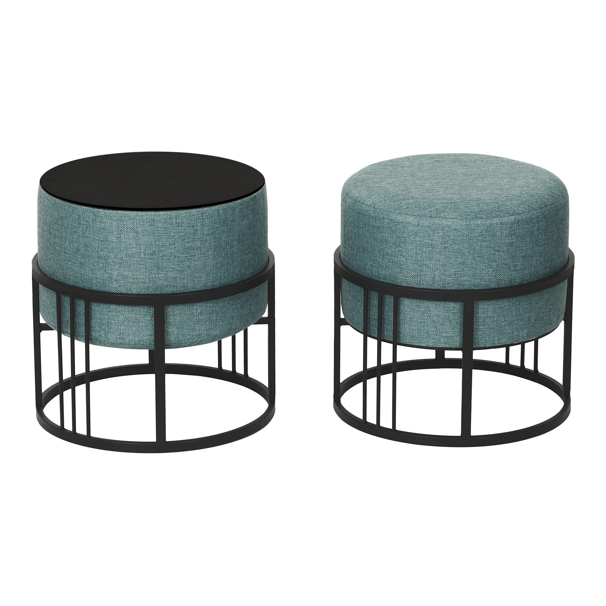 [en.casa] Set 2 Pouf 2in1 Reversibili Impilabili Seduta Imbottita e Piano Rigido in MDF Telaio in Metallo Tavolino Poggiapiedi Sgabello Circolari 38xØ38 cm Verde