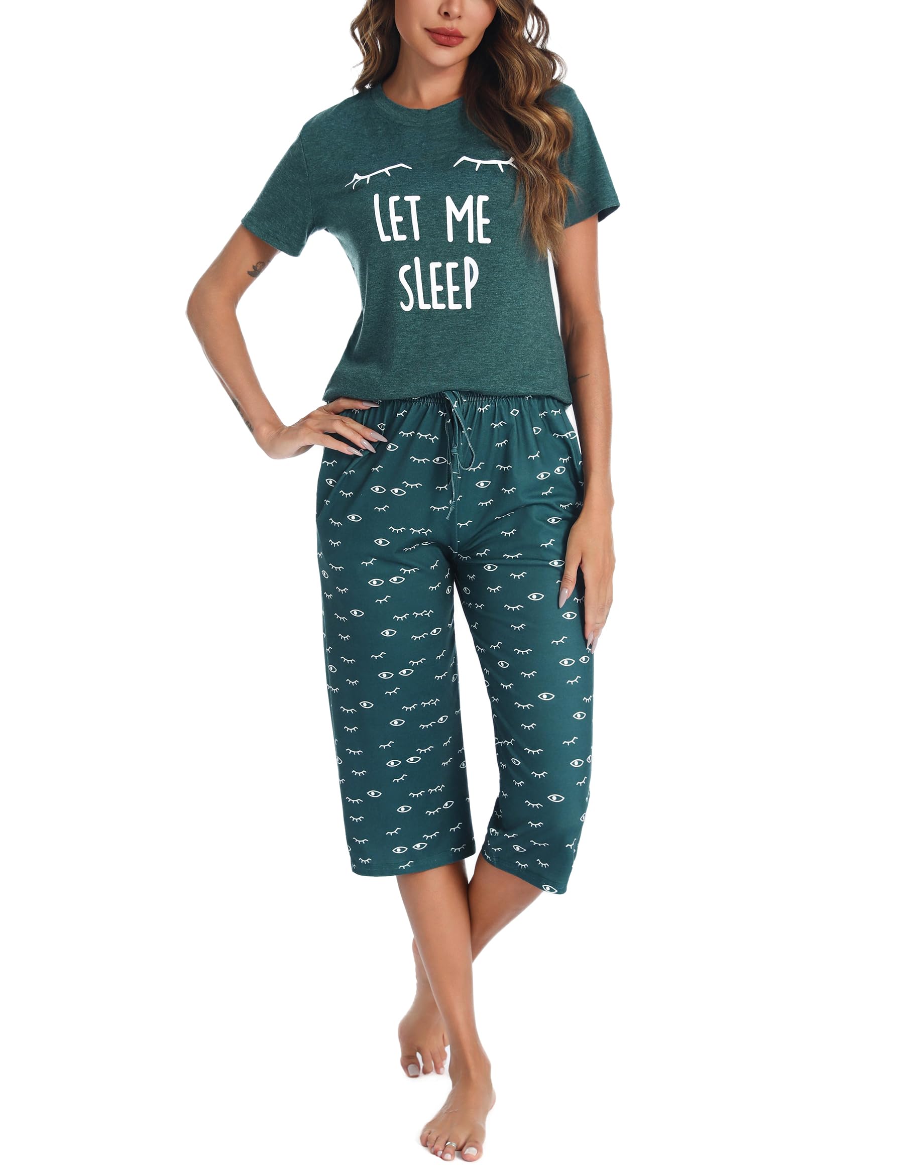 Uniexcosm Pigiama Donna Cotone Estivo Pigiama da Donna Girocollo Set da Donna con Pantaloni Corti Stampati a 3/4