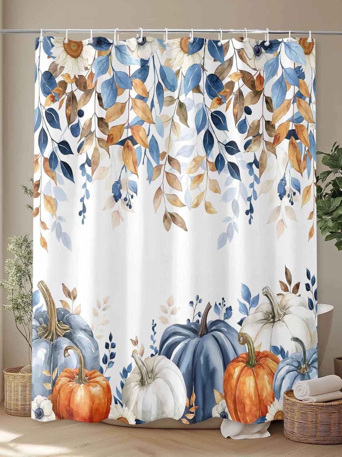 Fall Blue Pumpkins Shower Curtain Set - 48" x 72" Thanksgiving Orange Gray Washable Bathtub Curtain with 12 Hooks, Botanical Waterproof Fabric Stall Shower Curtains for Bathroom Décor