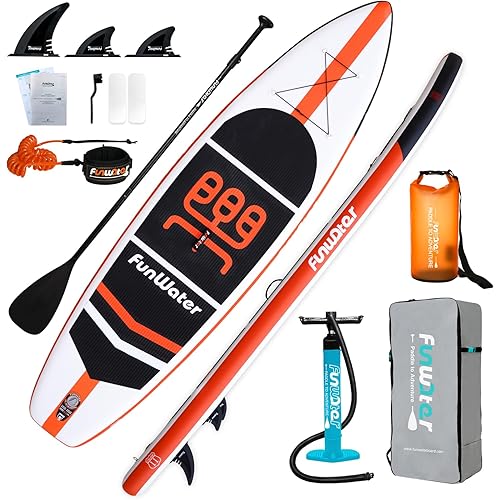 FunWater Stand Up Paddle Board Ultra-Light Inflatable Paddleboard with ISUP Accessories,Three Fins,Adjustable Paddle, Pump,Backpack, Leash, Waterproof Phone Bag