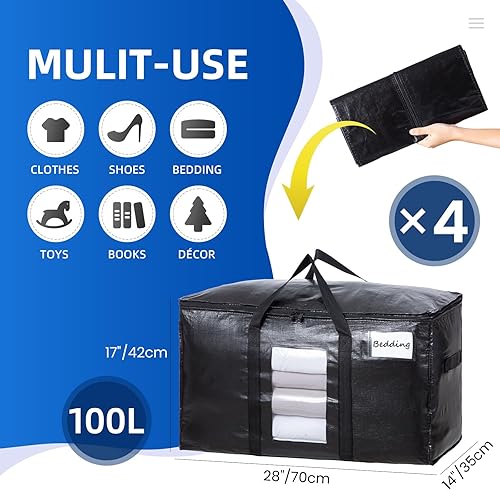 Miniatura 2 de TAILI - Bolsas de mudanza extra grandes, paquete de 4 bolsas negras resistentes para almacenamiento con ventana visible, asas envolventes,