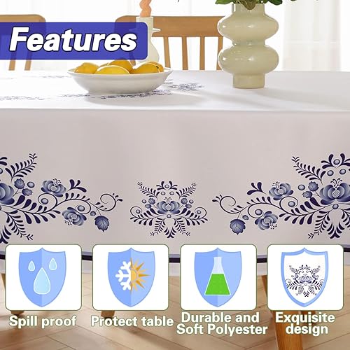 Miniatura 4 de SASTYBALE Mantel rectangular de porcelana azul y blanca de Navidad de 60 x 84 pulgadas, poliéster resistente a derrames y manchas para bufé de