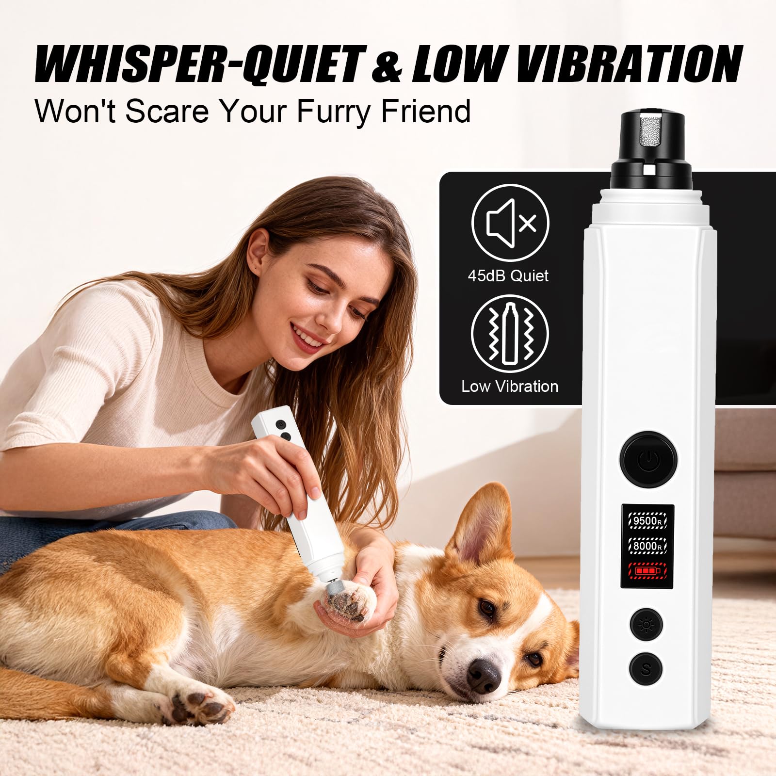 Dog Nail Grinder,2026 New Updated Quiet Electric 2-Speed Professional Pet Nail Grinder with Quick Sensor, Rechargeable Painless Trimmer for Large to Small Dogs & Cats, LED Light & Guard - image 6