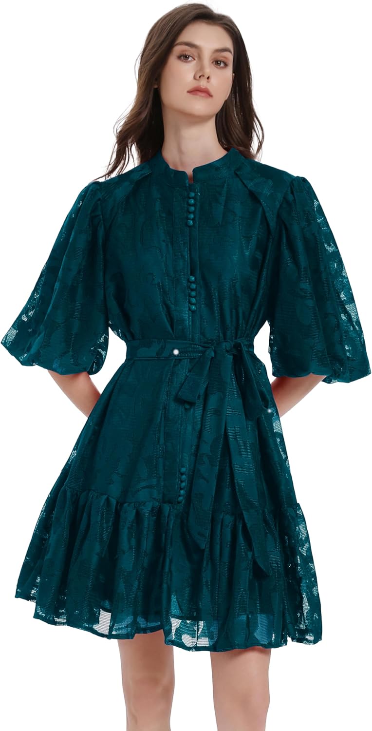 LAI MENG FIVE CATS レディース レース フローラル パフスリーブ フリル ヘム スタンドカラー ボタン ルーズ ミ