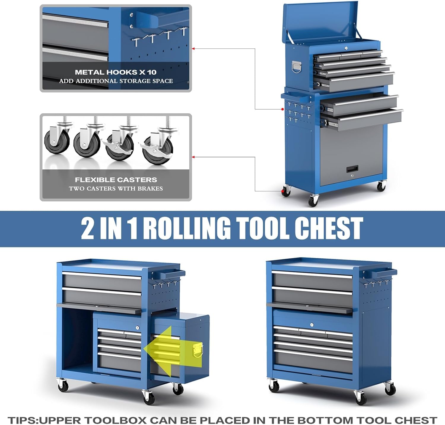 Tool Chest,8-Drawer Tool Box with Wheels,2 in 1 Detachable Top Toolbox,42" Large Storage Cabinet with Lockable Wheels,Enhanced Packaging,Metal Storage Cart for Garage Workshop