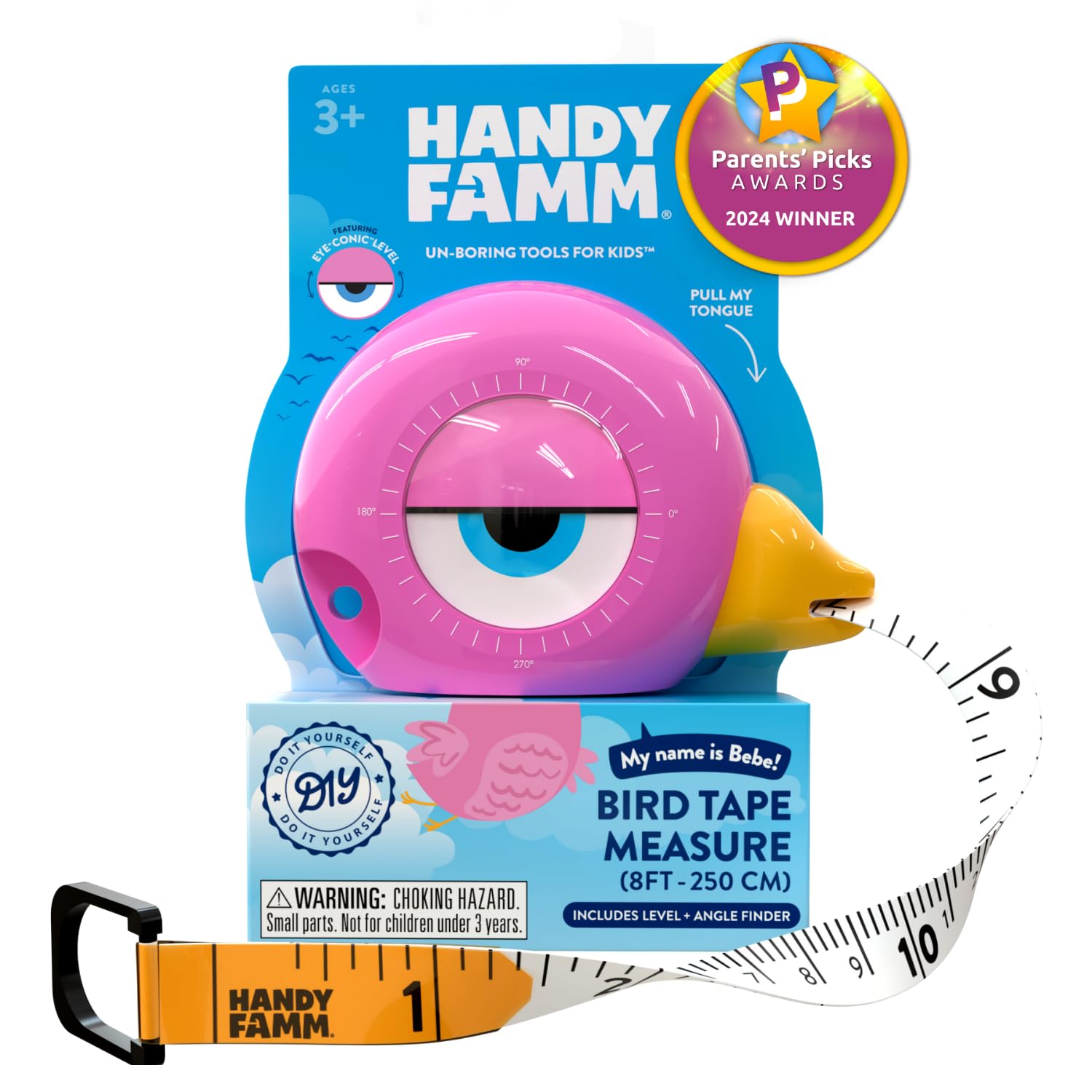 Handy Famm 8ft Pink Bird Tape Measure for Kids – STEM Educational Tool with Level, Protractor, Retractable Design - DIY Construction Toy, Child-Safe Measuring Tapes, Gift for Boys & Girls 3+