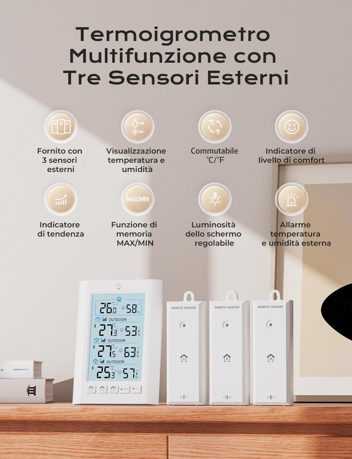 LIORQUE Stazione Meteo con Sensore Esterno, Stazione meteorologica con 3 Sensore Esterno,LCD, Retroilluminazione, Portata di Trasmissione Wireless 100 m, Adatto per Terrazze, Giardini, Cantine