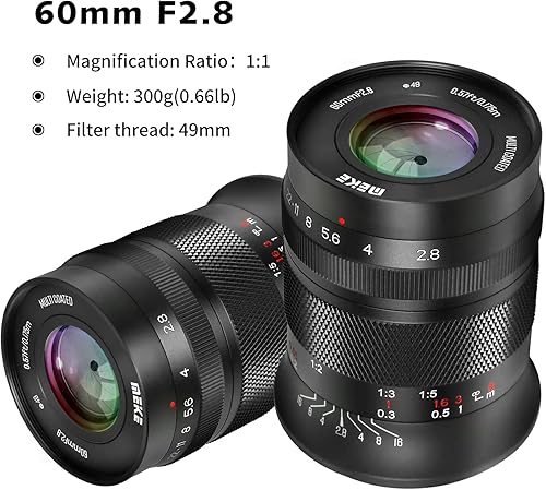 Miniatura 9 de Meike Marco APS-C de gran apertura de 2.362 in f2.8 Lente fija de enfoque manual compatible con cámaras sin espejo Canon EF-M montaje EOS M M2 M3 M5