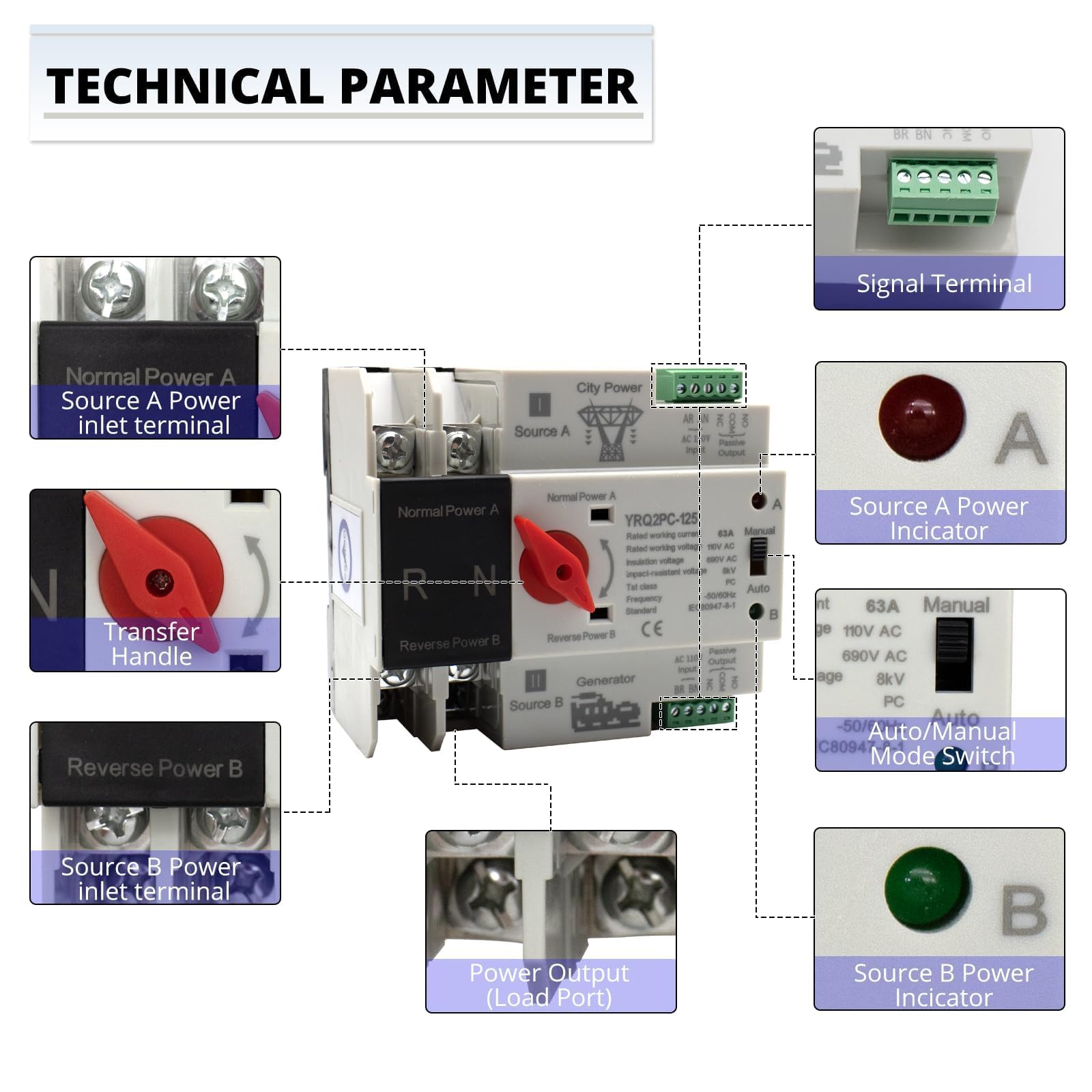 Snapklik.com : 63A 110V Mini ATS Automatic Transfer Switch 2P, Din Rail ...