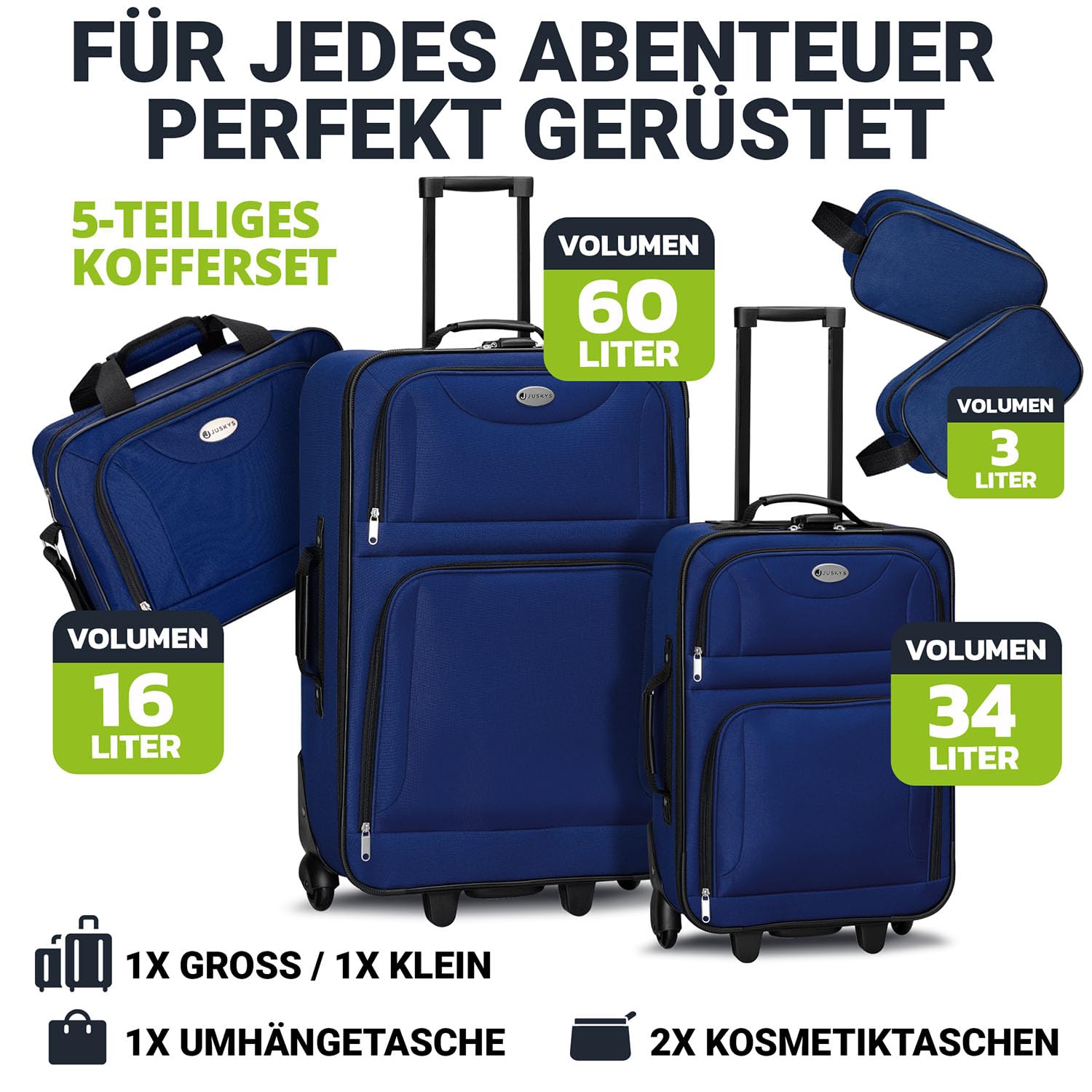 Juskys Trolley - Maletín de viaje (5 piezas, 60 y 34 litros, 2 ruedas, funda suave, tela impermeable, mango telescópico, equipaje de mano, 2 maletas), azul, 5-teilig, Juego de maletas