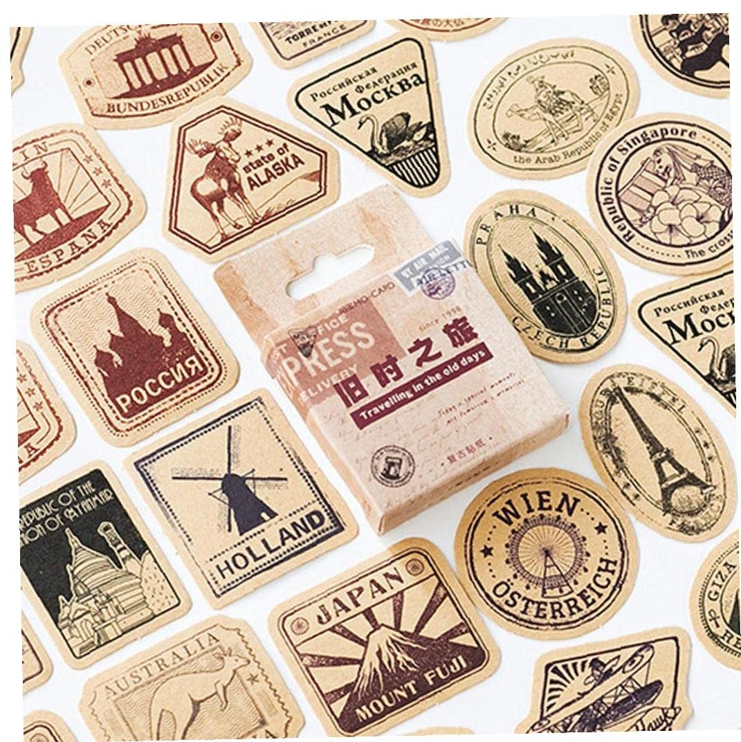 Ericetion 46Pcs/Box Vintage Postage Stamp Stickers Self-Adhesive Kraft Travel Stickers For Diy Scrapbook Notebook Journal Card Making